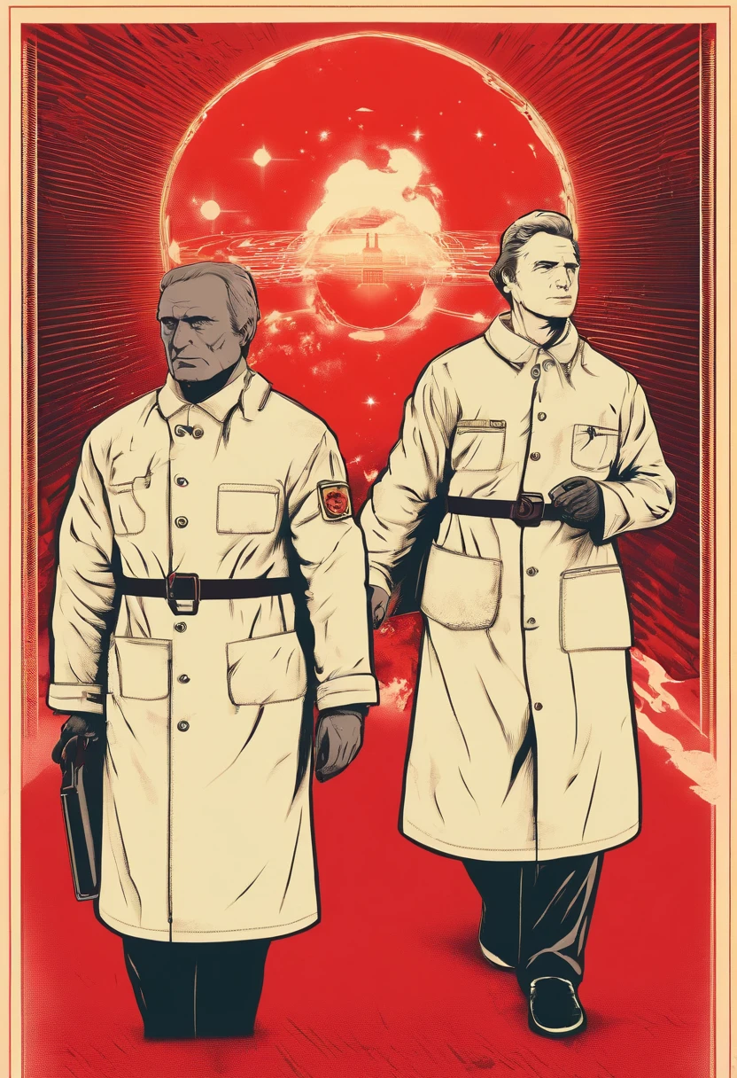 Scientists in science coats turn their backs to us,looking at the stars,hard core,Technologie,Red monochrome,USSR Poster,urss,Communism