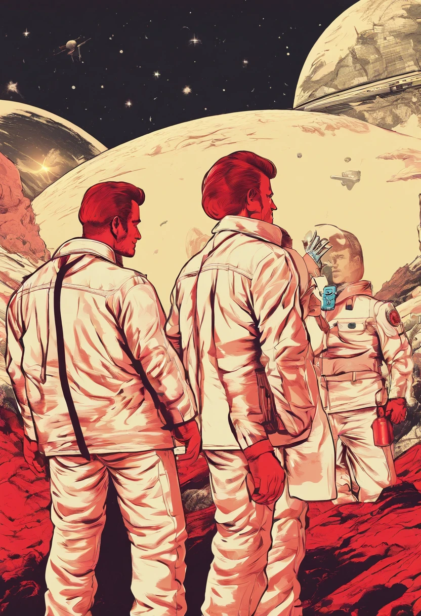 Scientists in science coats turn their backs to us,looking at the stars,hard core,Technologie,Red monochrome,USSR Poster,urss,Communism