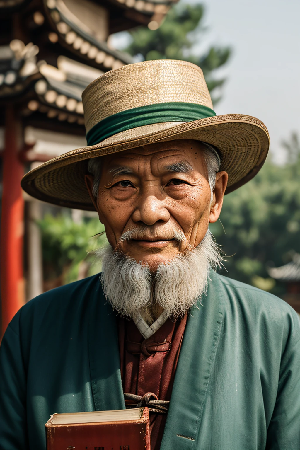 An old man with traditional Chinese thinking，Real frontal photos，Authentic background，The background is nature，holding books，worn-out clothing，Face full of wrinkles，80 years old Chinese medicine practitioner，Wise eyes，The beard is white，male people，country style，Leave the top of your head empty
