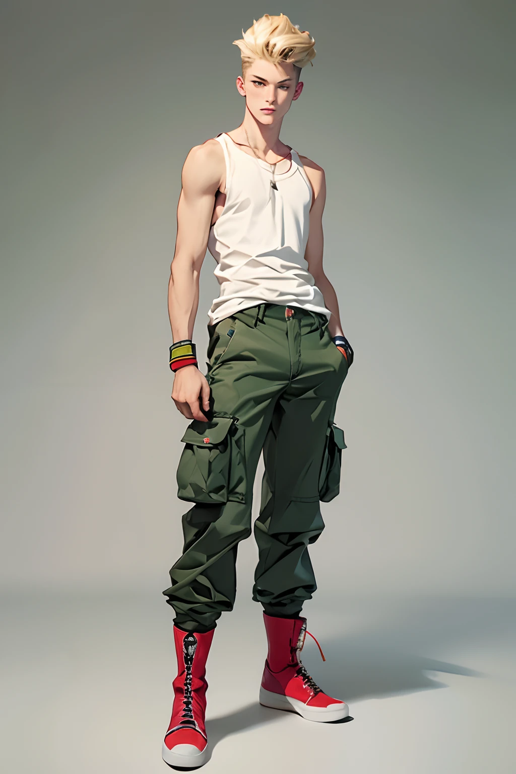 (masterpiece:1.2, best quality), (real intricate details), 1  boy, 16yo,l 165cm, no muscle, blue_eyes, (yellow blonde hair:1.1), (textured pompadour), perfect_fingers, (green_short_cargo pant:1.2), (white tanktop:1.3), (wristband:1.2), (red boots), (full body), front view, full shot, standing, simple background, color background