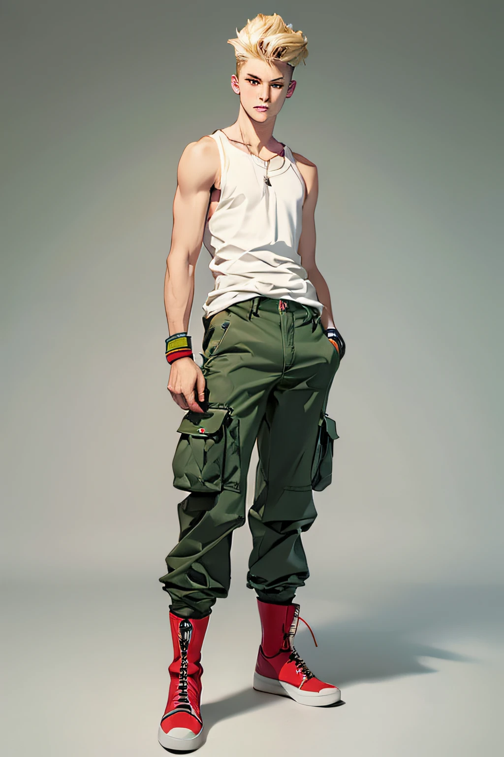 (masterpiece:1.2, best quality), (real intricate details), 1 child boy, 16yo, tall 165cm, no muscle, blue_eyes, (yellow blonde hair:1.1), (textured pompadour), perfect_fingers, (green_short_cargo pant:1.2), (white tanktop:1.3), (wristband:1.2), (red boots), (full body), front view, full shot, standing, simple background, color background