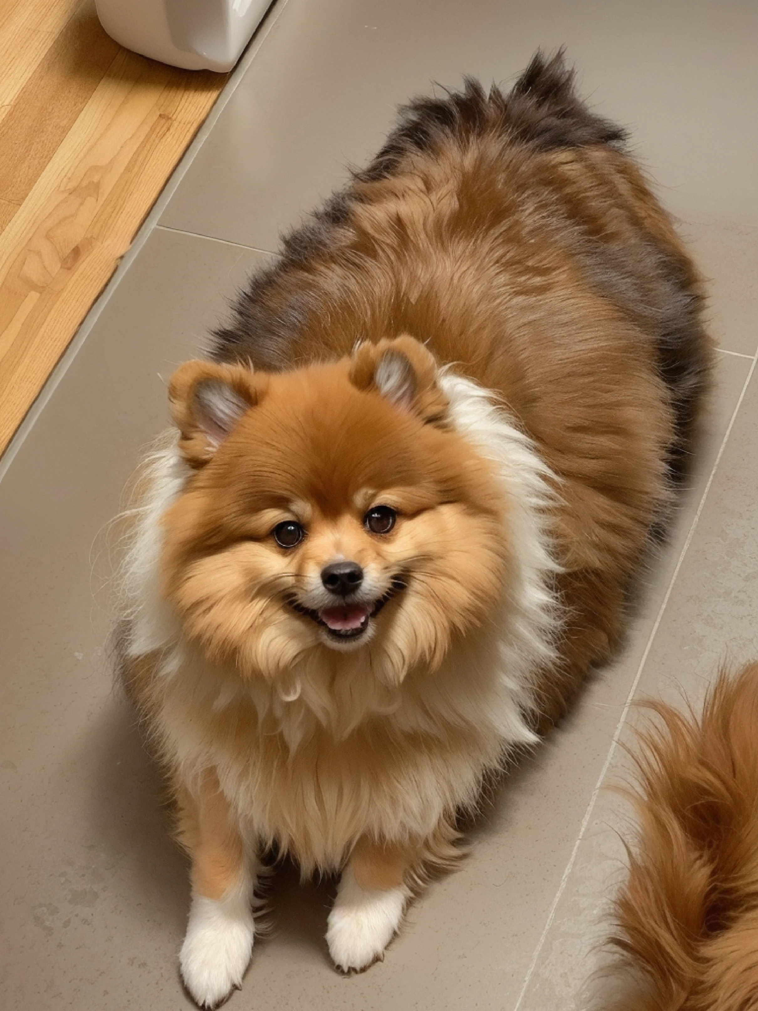 The dog stands on the tiled floor next to the other dog., Pomeranian Mix, Pomeranian, Stunned., Small dogs, fluffy!!!, Fluffy mane, Fluffy face, Very fluffy., Fluffy ear, thick fluffy tail,, Orange fluffy belly, Fluffy!!!, Cute Dog, Super soft, Outrageous fluff, cheeky!!!, Proud to look out.