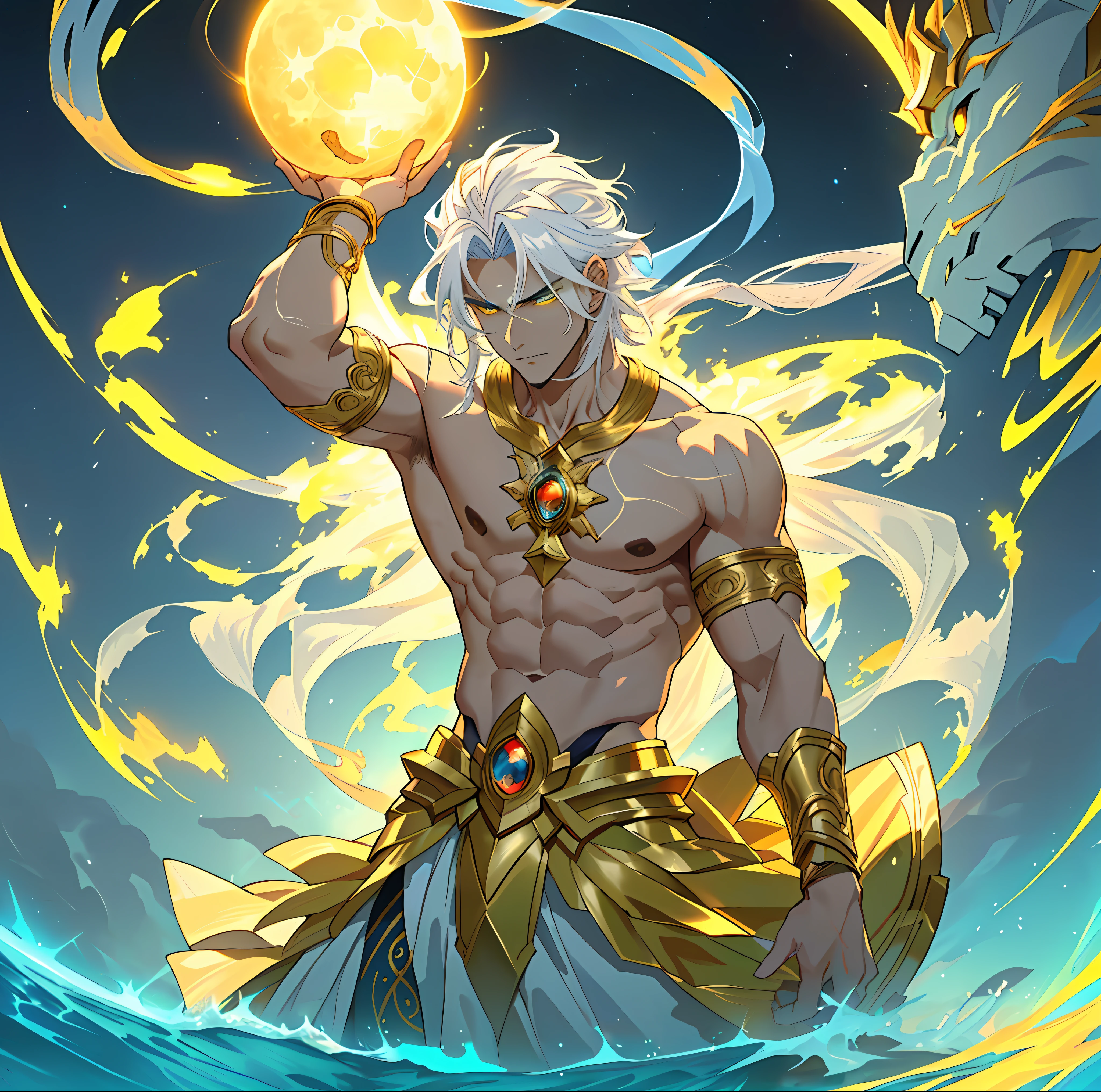 ((handsome man), (long hair), (sculpted body), (god of beauty)), ((two-story lab), (floating), (yellow glow emanating from a sphere in his hand)) a second man appears jumping to try to catch the sphere