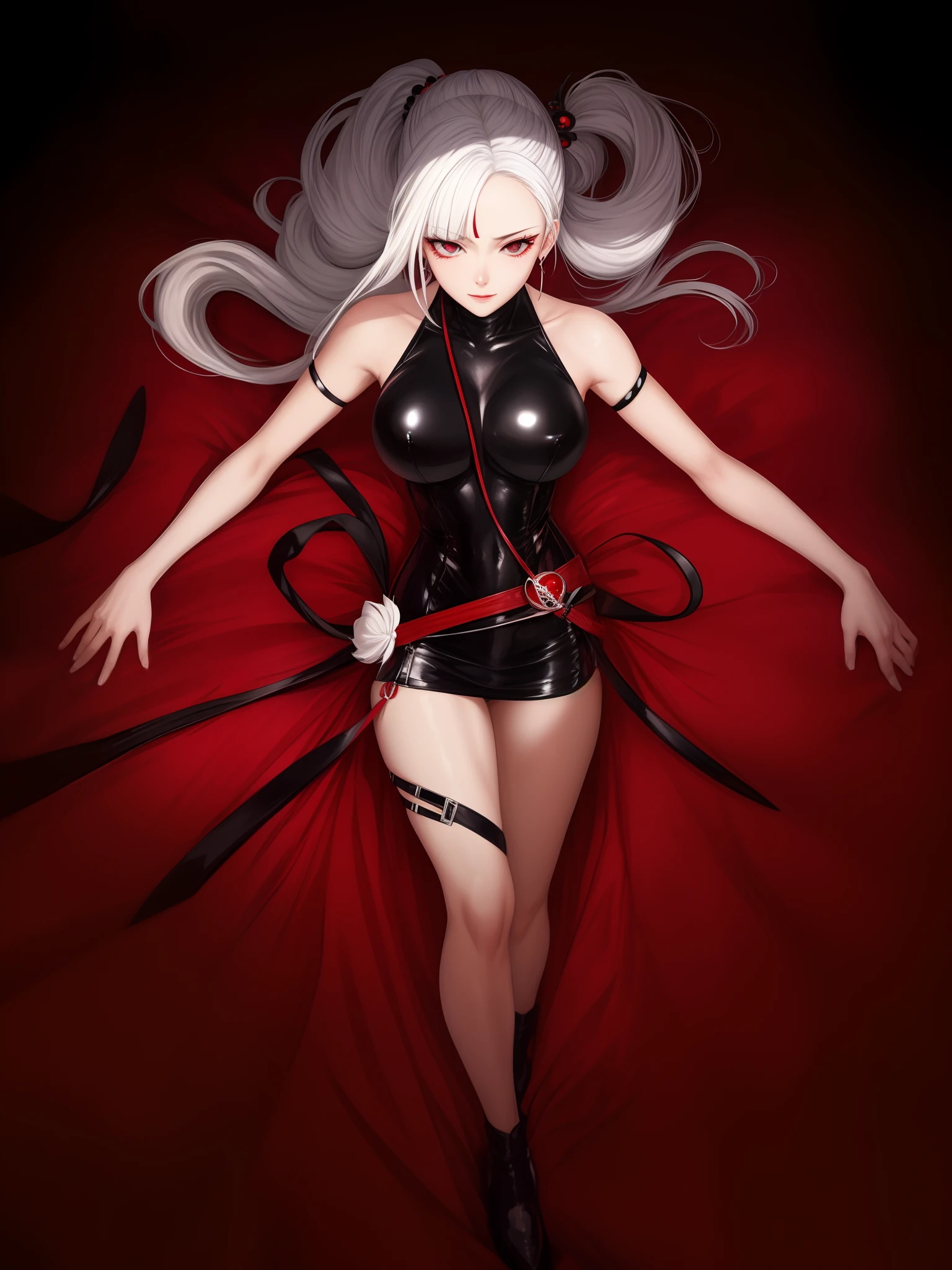 realistic, photo, high quality, female, white hair, black eyes and red iris, black one piece, big chest, sexy,