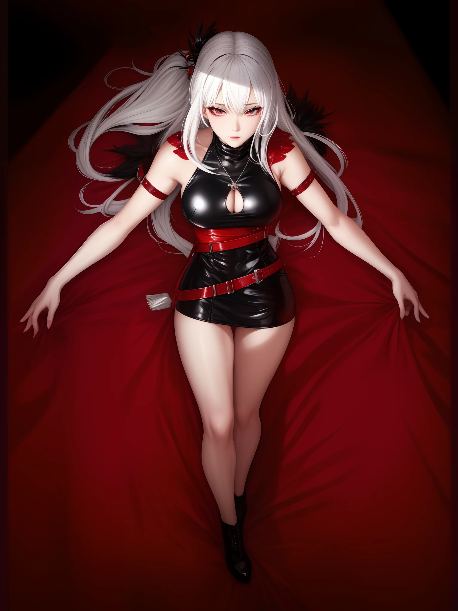 realistic, photo, high quality, female, white hair, black eyes and red iris, black one piece, big chest, sexy,