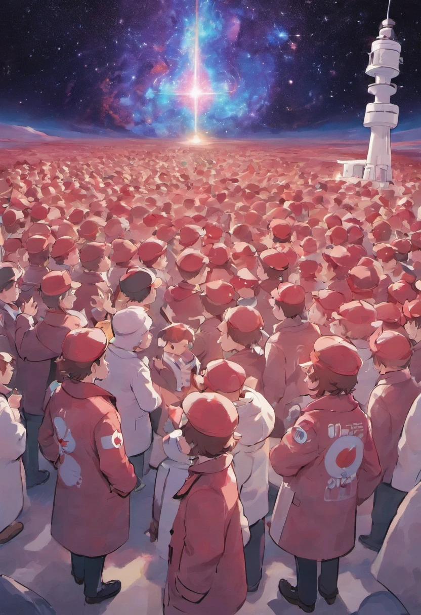 Scientists in science coats turn their backs to us,looking at the stars,hard core,Technologie,Red monochrome,USSR Poster,urss,Communism