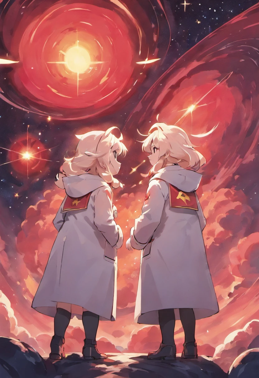 Scientists in science coats turn their backs to us，looking at the stars，hard core，Technologie，Red monochrome,USSR Poster,urss,Communism