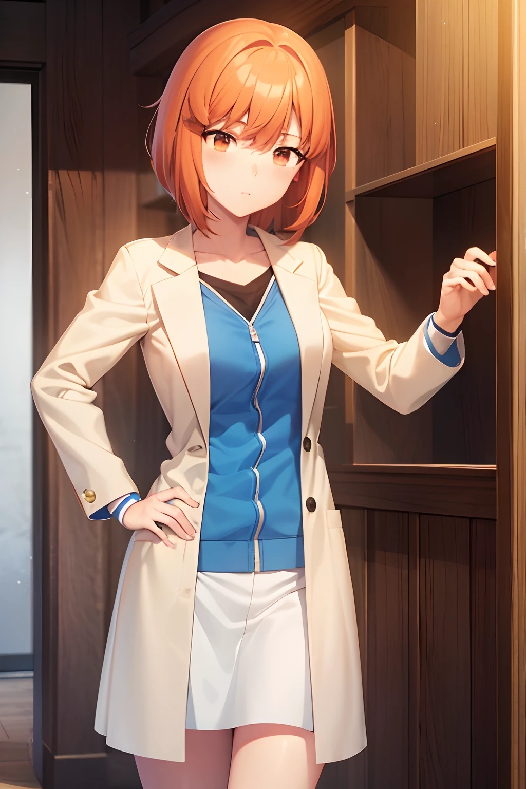 a cartoon girl with orange hair and a ((white lab coat)), female protagonist, madeline from celeste, female protagonist 👀 :8, yayoi kasuma, rin, portrait of max caulfield, anime style”, leeloo, she's sad, the hime cut, ashy, monika, very sad