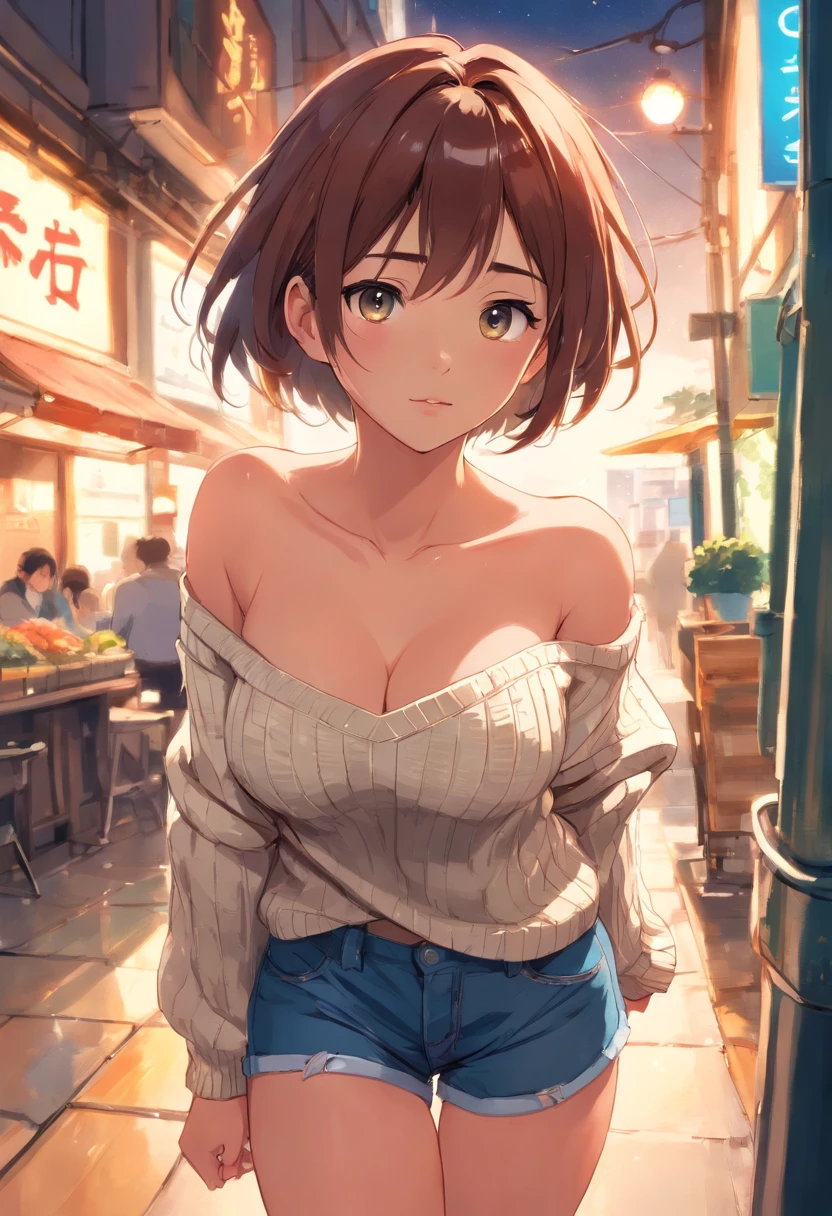 (), big boobs,(masterpiece), best quality, extremely detailed, (watercolor), bloom, delicate and beautiful, illustration, (from below),(1girl:1.4), (solo:1.2), large breasts, (ribbed sweater:1.3), off-shoulder sweater, (short shorts:1.2), bare shoulders, (underboob), ((dark skin:0.8)), beautiful eyes, (disheveled hair ), photography, over-the-shoulder shot, by Alex Maleev, professional, canon camera, nikon camera, sharp, bokeh, studio quality, fisheye lens, by Robert Capa ,
