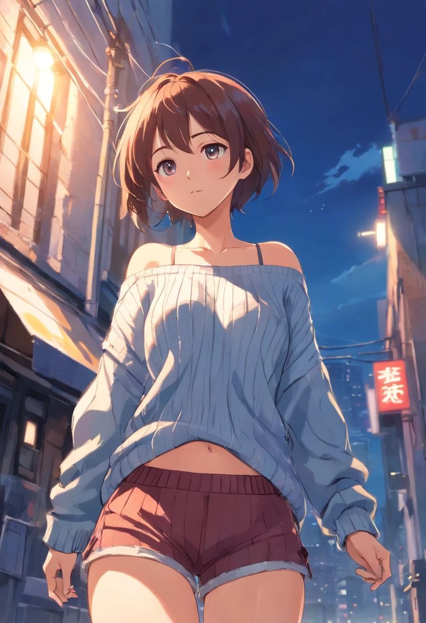 (), big boobs,(masterpiece), best quality, extremely detailed, (watercolor), bloom, delicate and beautiful, illustration, (from below),(1girl:1.4), (solo:1.2), large breasts, (ribbed sweater:1.3), off-shoulder sweater, (short shorts:1.2), bare shoulders, (underboob), ((dark skin:0.8)), beautiful eyes, (disheveled hair ), photography, over-the-shoulder shot, by Alex Maleev, professional, canon camera, nikon camera, sharp, bokeh, studio quality, fisheye lens, by Robert Capa ,