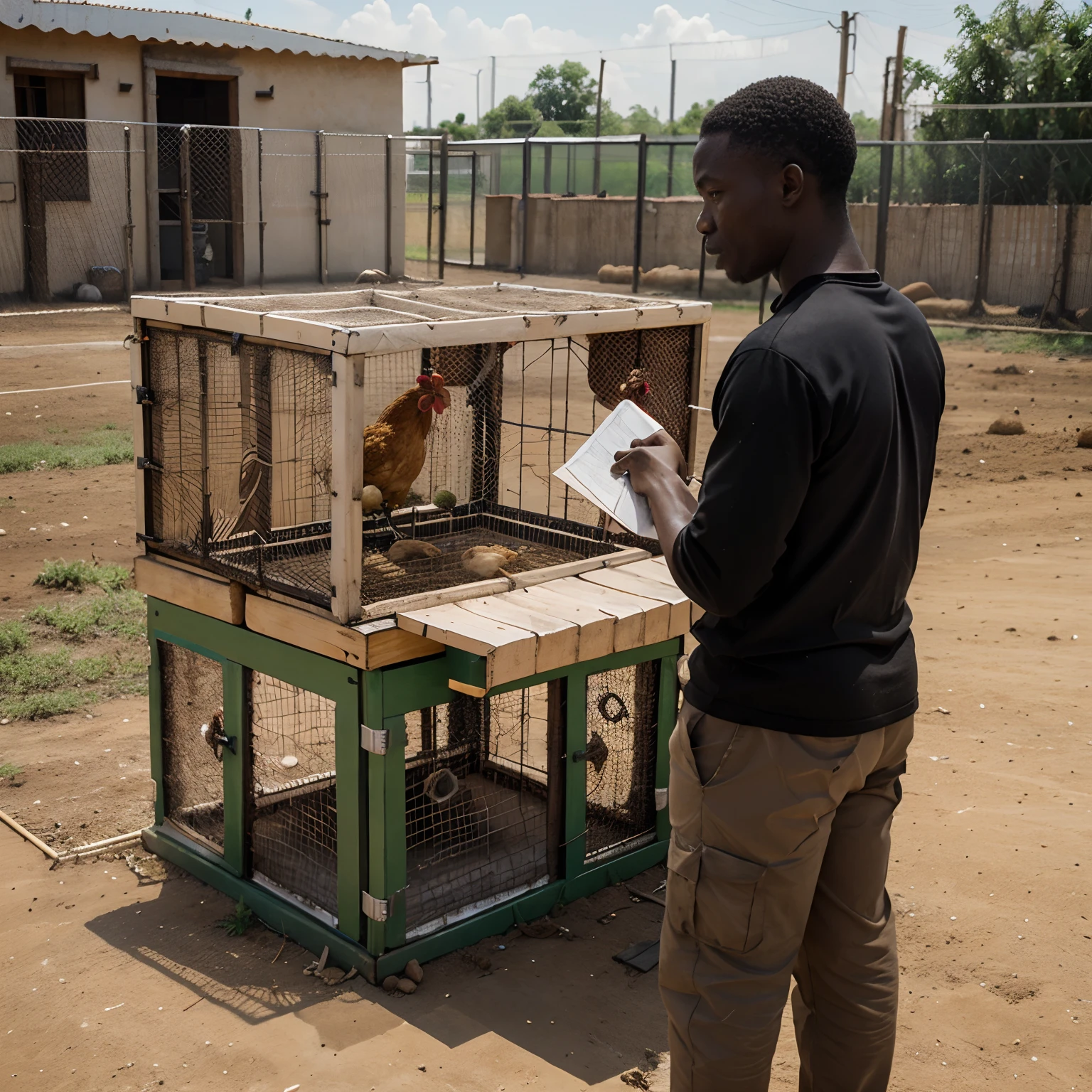 Produce an image of the instructor beninese discussing considerations for chicken housing, with a diagram of a well-ventilated and predator-proof coop in the background.