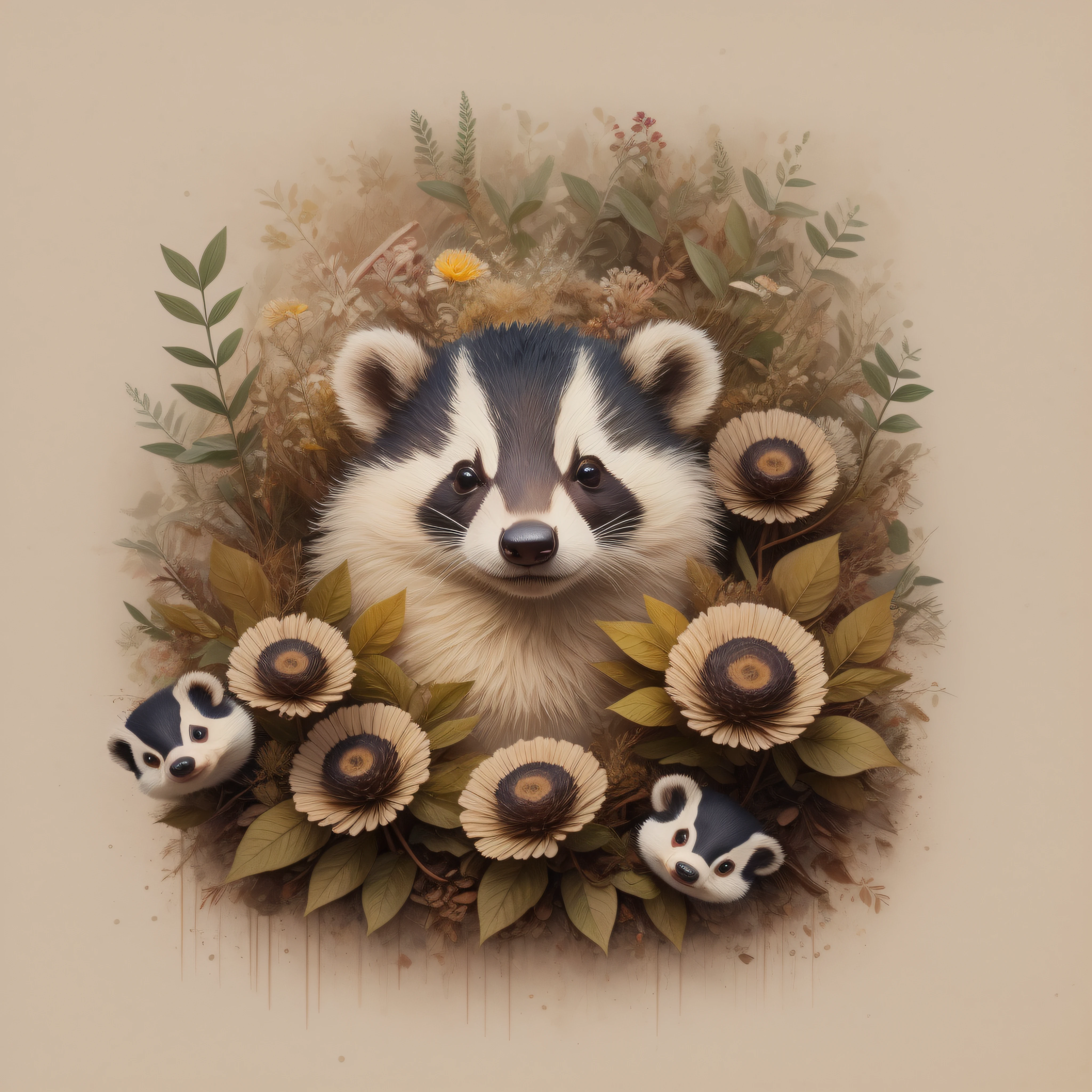 There's a badger sleeping on a pile of leaves and mushrooms, Whimsical Badger,Ethereal Hedgehog, por Jeka Kemp, Beautiful autumn spirit, autumn, por Andrée Ruellan, Zorros, Cute badger, por Caroline Chariot-Dayez, Animal Badger, Teniente Zofia Stryjenska, El encantador tejon, Inspirado en Nicoletta Ceccoli