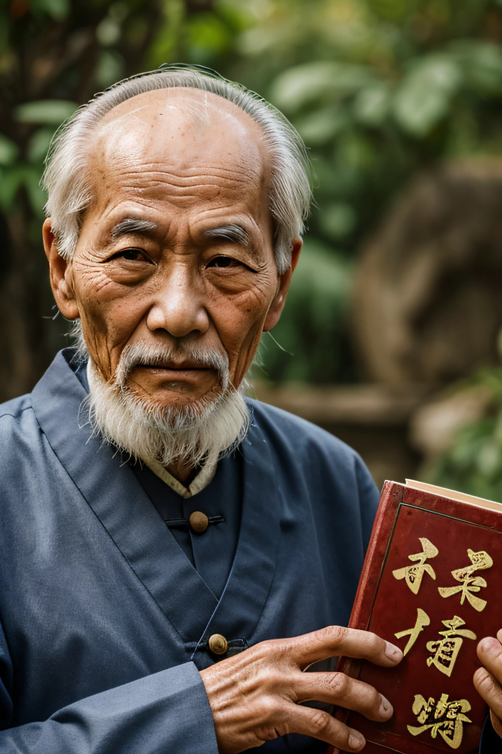 An old man with traditional Chinese thinking,Real frontal photos,Authentic background,The background is nature,holding books,worn-out clothing,Face full of wrinkles,80 years old Chinese medicine practitioner,Wise eyes,The beard is white,male people,country style,Leave the top of your head empty