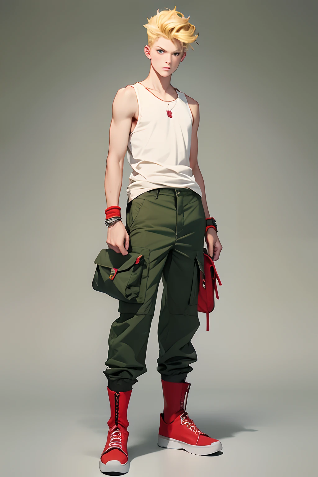 (masterpiece:1.2, best quality), (real intricate details), 1 boy, 16yo,l 165cm, no muscle, blue_eyes, (yellow blonde hair:1.1), (textured pompadour), perfect_fingers, (green_short_cargo pant:1.2), (white tanktop:1.3), (wristband:1.2), (red boots), (full body), front view, full shot, standing, simple background, color background