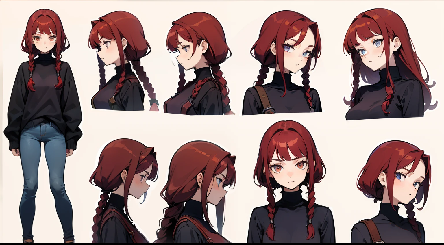 21 year old, redhead girl, armpit lenght hair (((narroweyes))) (((slightly awkward shy gaze))) jeans and pullover, ((corkscrew hairstyle)) detailed character sheet, frontal view, side view, three quarter view,