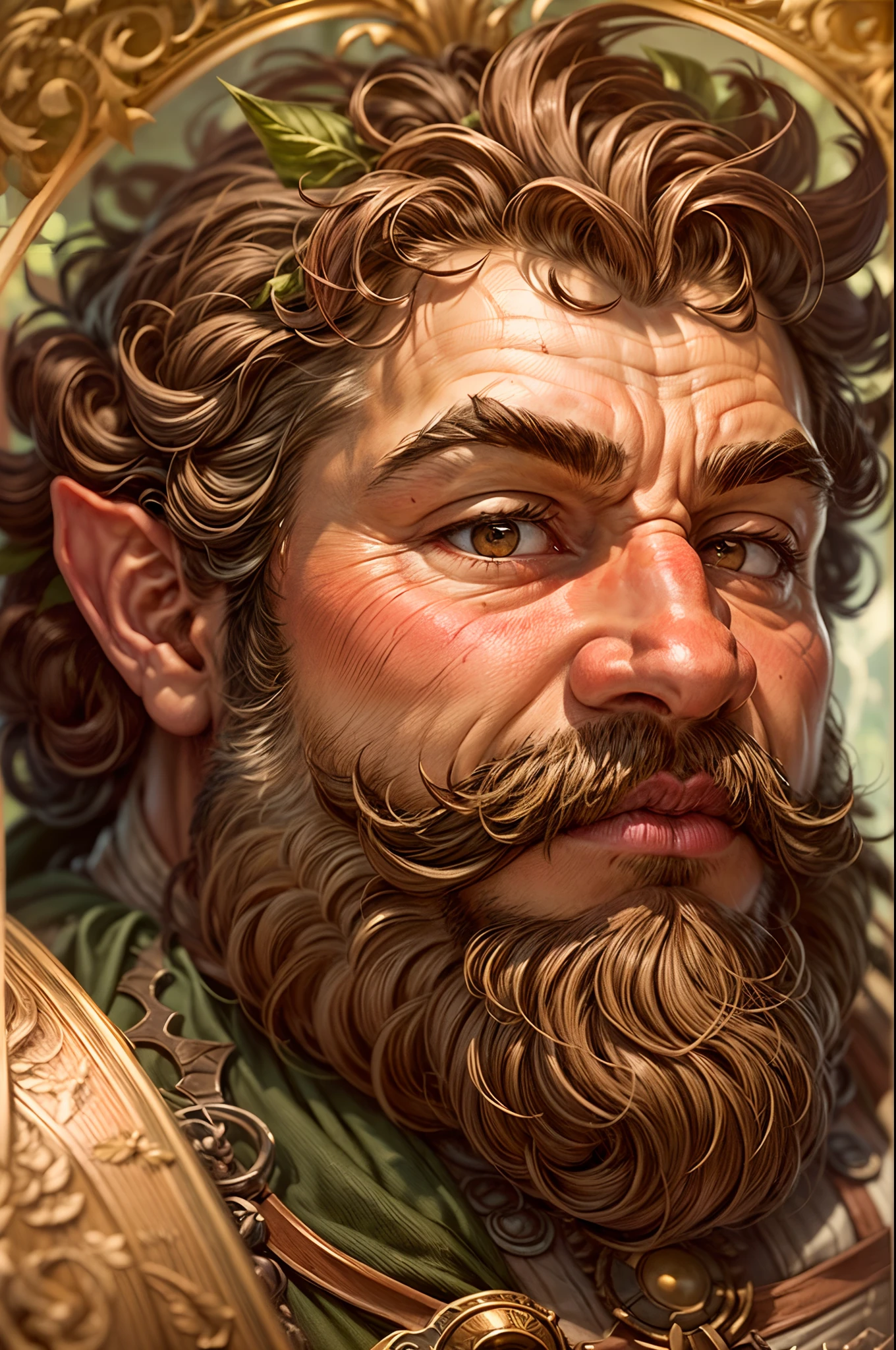 Portrait Rpg, Bronze Frame, Close-up, Race: Dwarf, Gender: Male, Age: 30 years, Eyes: Dark Brown; Skin color: Light skin, Hair: Curly brown, Physique: Fat complexion, Facial features: Leafy beard, Expression: Cheerful look, Equipment: Dwarf King clothing, Background: simple portrait with frame, Alphonse Mucha (Masterpiece, best quality, high: 1.4), detailed, intricate details, 4K, splashes of color, line art, fibonacci