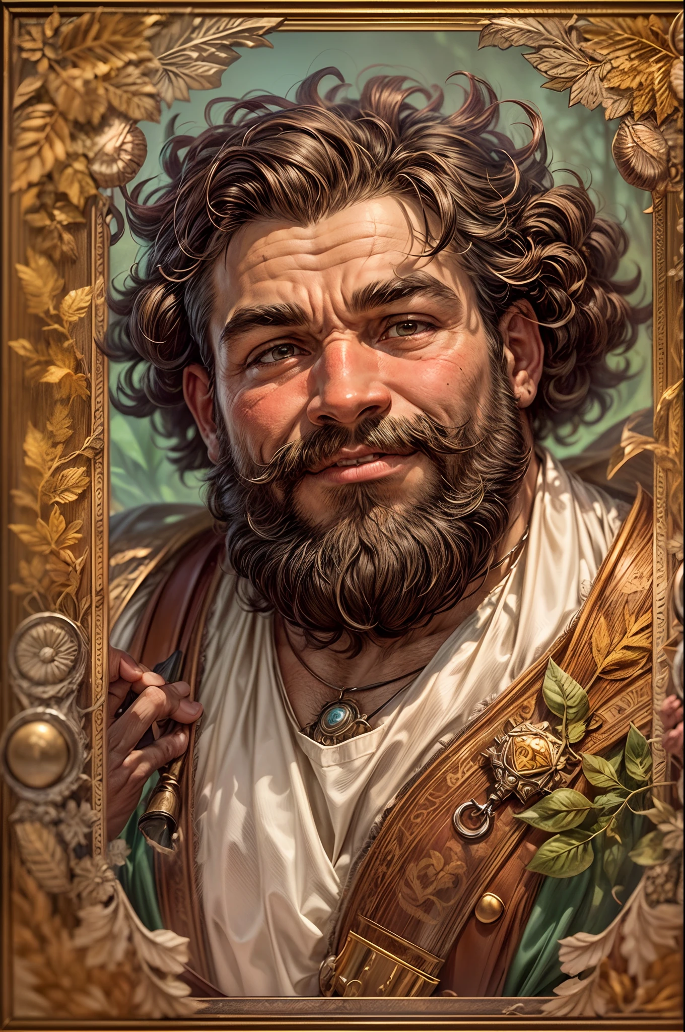 Portrait Rpg, Bronze Frame, Close-up, Race: Dwarf, Gender: Male, Age: 30 years, Eyes: Dark Brown; Skin color: Light skin, Hair: Curly brown, Physique: Fat complexion, Facial features: Leafy beard, Expression: Cheerful look, Equipment: Dwarf King clothing, Background: simple portrait with frame, Alphonse Mucha (Masterpiece, best quality, high: 1.4), detailed, intricate details, 4K, splashes of color, line art, fibonacci