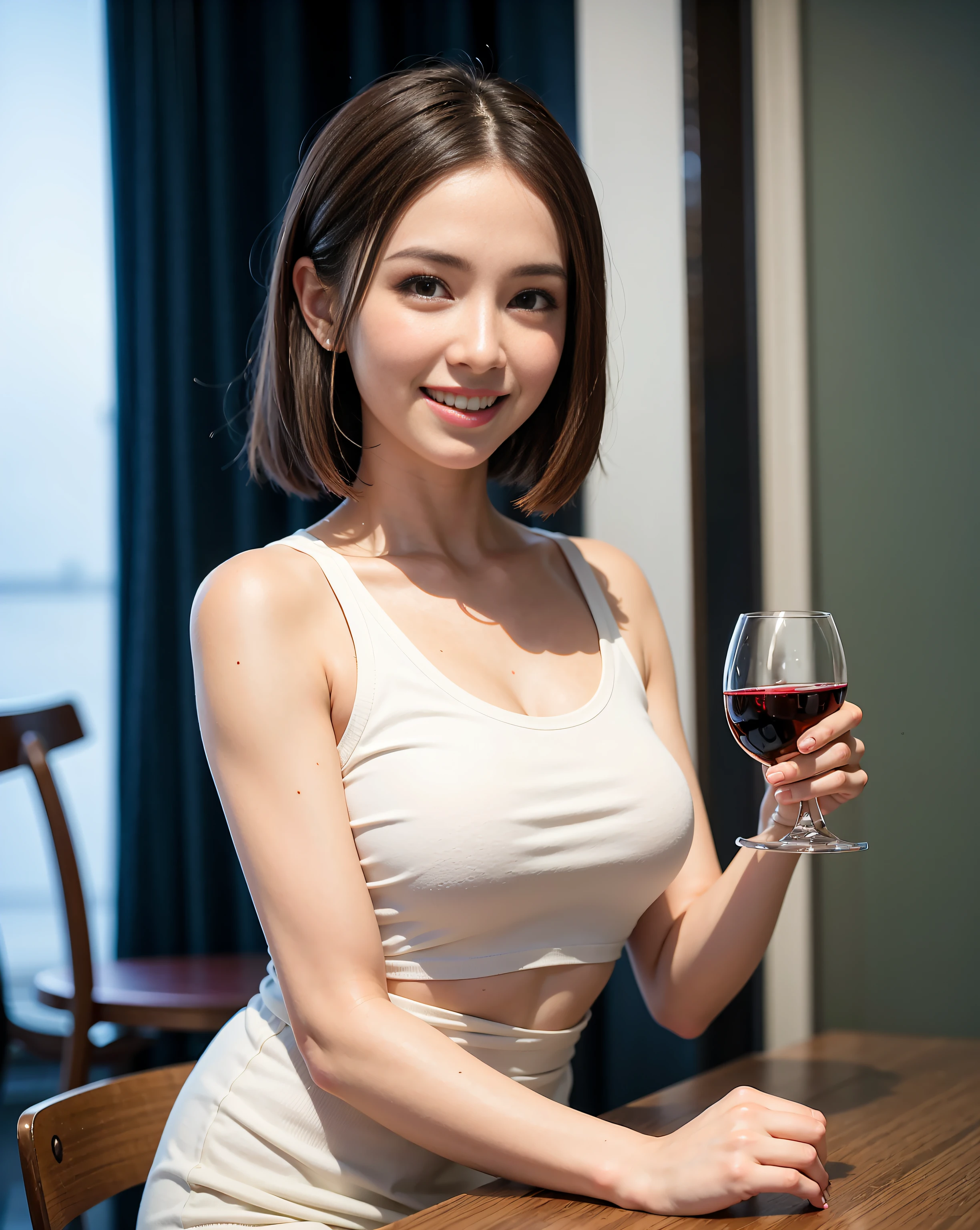 (64K, UHD, top quality, masterpiece: 1.2), (realistic, photorealistic: 1.37), super detailed, pretty woman 1 person, (slim face), (slim body), (brown hair), (short cut), cheeks slightly blushing, (44 years old), 38 years old, solo, beautiful detailed urban night view outside the window, restaurant, wine glasses sit, at night, in a prominent placeNovaFrogStyle, Actress, Model, Waist Up, White Wine, Slim, Wine Glass, Super Clean Night View, Wine Glass Put in the Middle, Happy Smile, (Smile: 1.15), Beautiful Fine Eyes, Upper Body, Bust Japan Up, Night, Short, Short, Actress, Model, Waist Up, White Wine, Slim, Wine Glass, Super Clean Night View, Wine Glass Put in the Middle, Happy Smile,