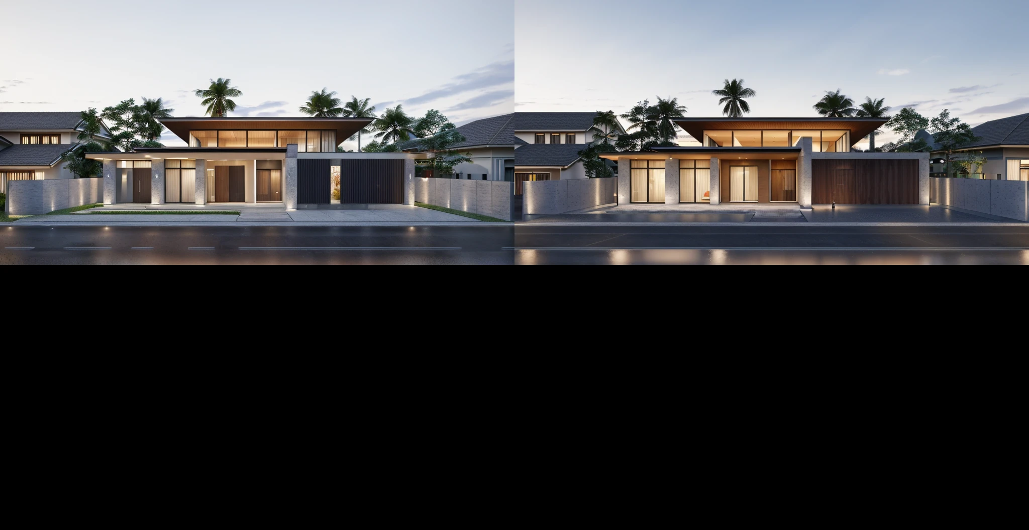 a view of a modern home with a large front yard, main material by white wall and stone and wood,  1 road runs in front of the house,  (RAW photo, real, best quality, masterpiece:1.2), look morden minimalist, 1 road in front of the house, shime ring light, light brighteness from indoor:1.2, dynamic lighting:1.3, (hyper realistic, photo-realistic:1.2), high quality, day lighht, hight contrast :0.5 perfect lighting, archdaily,  award winning contemporary, contemporary masterpiece, well-designed masterpiece, large modern residence, neotraditional modern, wide angle exterior 2022, midcentury modern, contemporary house, hip modern vibe, a long-shot from front, award winning modern design, stunning lines, residential, subtle detailing