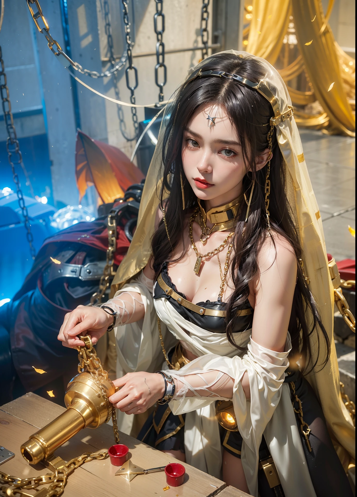 ,((Wearing a torn sheer costume of a superheroine)),(, No bra)), Wet crotch, Wet thighs, Beautiful girl with accentuated slender abs: 1.4, (((nipple tips protruding, areola is protruding, The shape of the pubic region is clearly visible)), sixpack abs: 1.4, Bust Botox, Photo, Sharpness, Unique 850 4, Koda850 k portrait camera, F1.6 shots, Ultra-realistic textures, Spectacular light textures, Cinestil 800 Fashion Mechanics, (futuristic sci-fi battle fashion: 1.1), (tied perfectly by chain), Restraint, Slaves, collars, ((wide prison with sunlight)), Dark fantasy, Realistic material details, extreme hight detail, Ultra-realistic materials ((Torn costume))), Wet, Cloudy, (Chained)), ((big emphasized by chains)), ((chains digging into crotch)), ( (Collar)), (, No bra), shredded costumes, broken golden shields and battle spears,, White combat gloves, Combat shoulder armor, Blood splattered all over his face, Realistic, (Bruises, Dirty, ripped clothing, skimpy clothing, Blood: 1.3), Torn Cape, Torn pantyhose, Long legs, ((iron pipe in the crotch)), Metallic shackles and fetters, ((chains hung from heaven)), Wet crotch is clearly visible, Swarovski's sword and the anatomy beneath his feet, (futuristic sci-fi battle fashion, Torn mesh stockings),