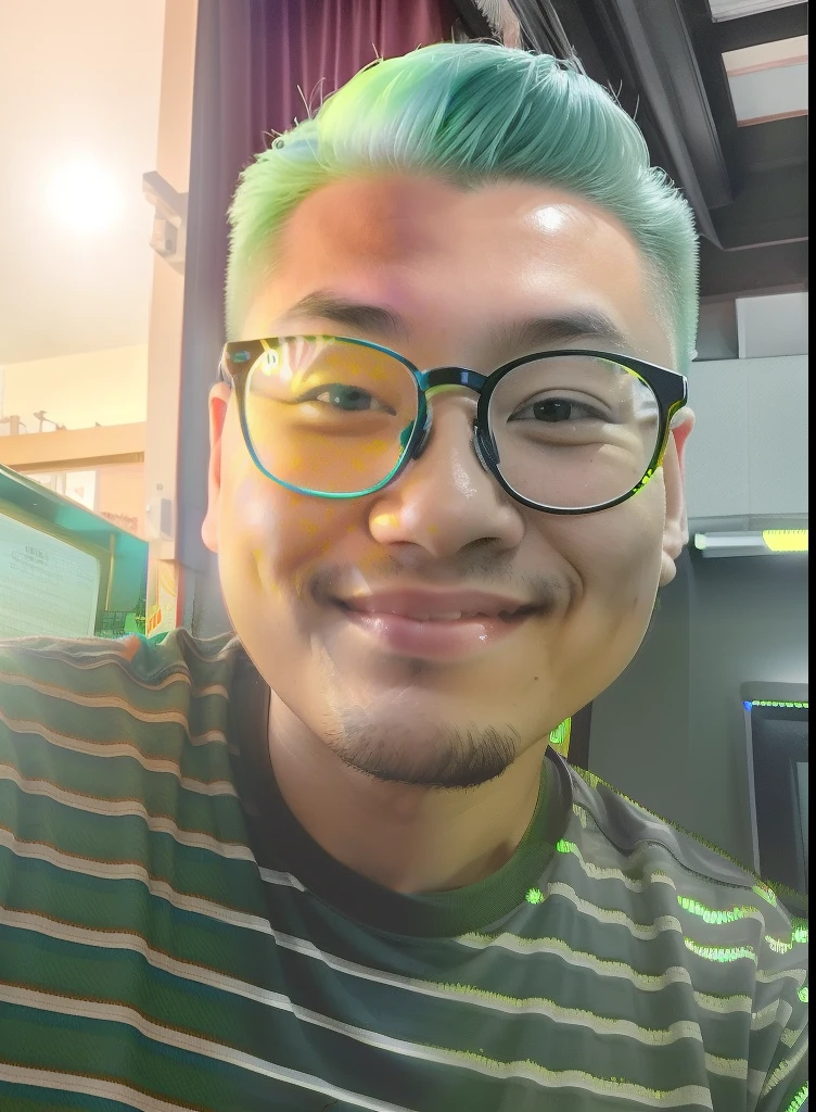 arafed man with green hair and glasses smiling at the camera, 8k selfie photograph, handsome chad chin, greenish tinge, south east asian with round face, stanley artgem lau, with round face, wearing small round glasses, selfie shot straight on angle, shot on nikon z9, snapchat photo, yanjun chengt, with accurate face