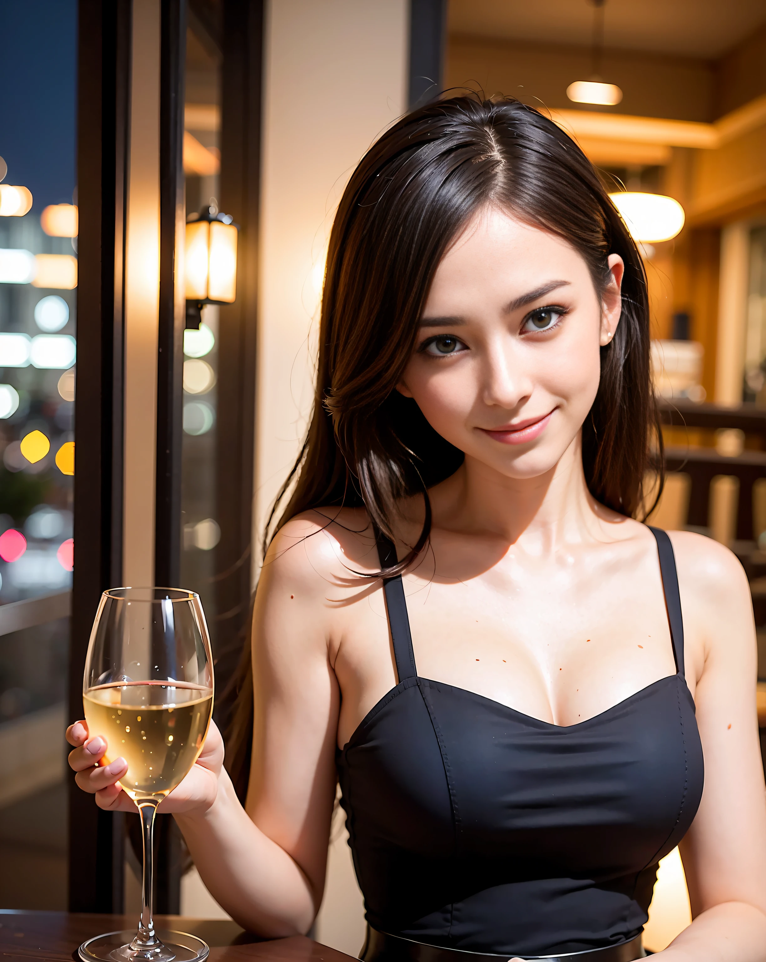(64K, UHD, top quality, masterpiece: 1.2), (realistic, photorealistic: 1.37), super detailed, pretty woman 1 person, (slim face), (slim body), (brown hair), (short cut), cheeks slightly blushing, (44 years old), 38 years old, solo, beautiful detailed urban night view outside the window, restaurant, wine glasses sit, at night, in a prominent placeNovaFrogStyle, Actress, Model, Waist Up, White Wine, Slim, Wine Glass, Super Clean Night View, Wine Glass Put in the Middle, Happy Smile, (Smile: 1.15), Beautiful Fine Eyes, Upper Body, Bust Japan Up, Night, Short, Short, Actress, Model, Waist Up, White Wine, Slim, Wine Glass, Super Clean Night View, Wine Glass Put in the Middle, Happy Smile,