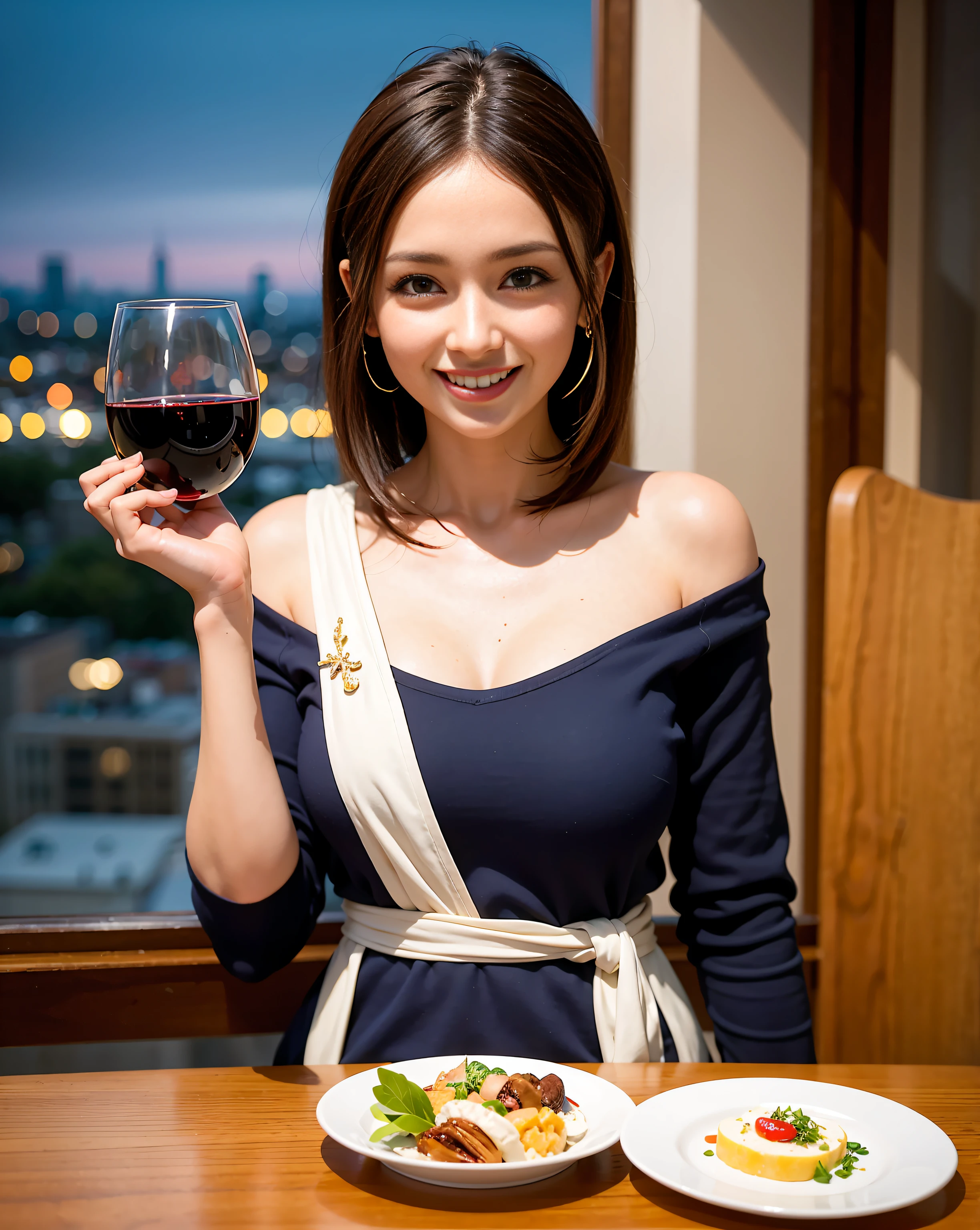 (64K, UHD, top quality, masterpiece: 1.2), (realistic, photorealistic: 1.37), super detailed, pretty woman 1 person, (slim face), (slim body), (brown hair), (short cut), cheeks slightly blushing, (44 years old), 38 years old, solo, beautiful detailed urban night view outside the window, restaurant, wine glasses sit, at night, in a prominent placeNovaFrogStyle, Actress, Model, Waist Up, White Wine, Slim, Wine Glass, Super Clean Night View, Wine Glass Put in the Middle, Happy Smile, (Smile: 1.15), Beautiful Fine Eyes, Upper Body, Bust Japan Up, Night, Short, Short, Actress, Model, Waist Up, White Wine, Slim, Wine Glass, Super Clean Night View, Wine Glass Put in the Middle, Happy Smile,