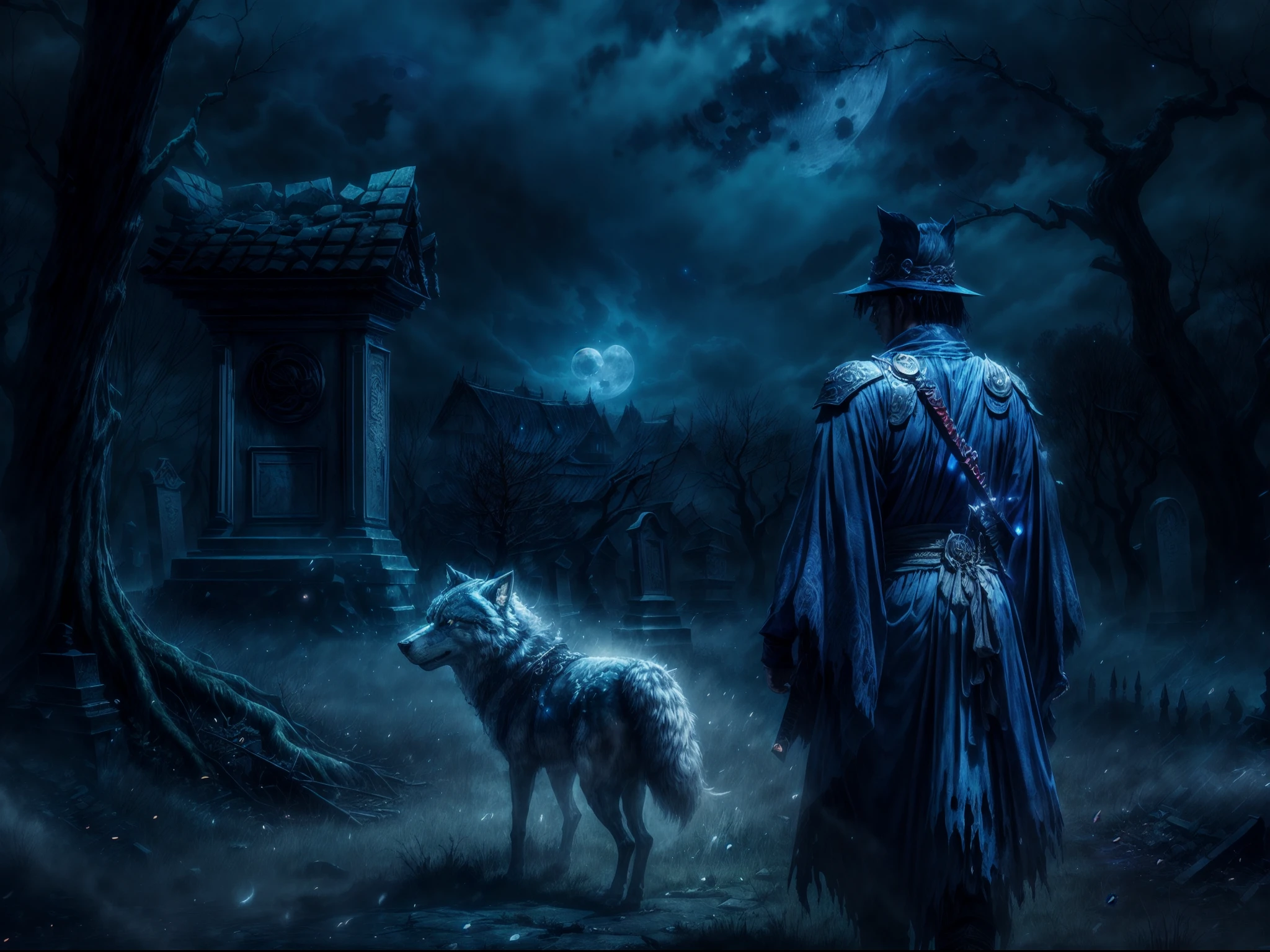 (blue samurai,ghost,walking with a wolf in a haunted village,night sky,full moon,realistic,full HD,best quality),(eerie atmosphere,ethereal ambiance,hauntingly dark),[muted tones],[mysterious shadows],(detailed armor,detailed katana),(intense gaze,stoic expression),[silently],[mystical presence],[whispers of the wind],(ominous mist,creepy fog),(gloomy backdrop,spooky surroundings),(blue spectral light,moonlit glow),(ominous clouds),(ancient trees,crumbling houses),(cracked gravestones,overgrown cemetery),(mysterious symbols),[hidden secrets],[hauntingly beautiful],[majestic landscape],[powerful aura],[unforgettable experience]