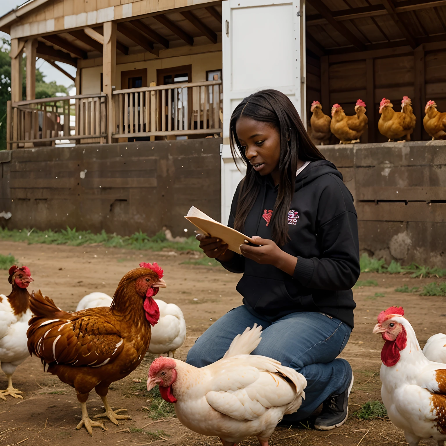 Create an image showing the instructor beninese explaining different chicken breeds to the student, with images of Cornish Cross Meat Chickens and Rhode Island Red Egg-Laying Hens in the background.