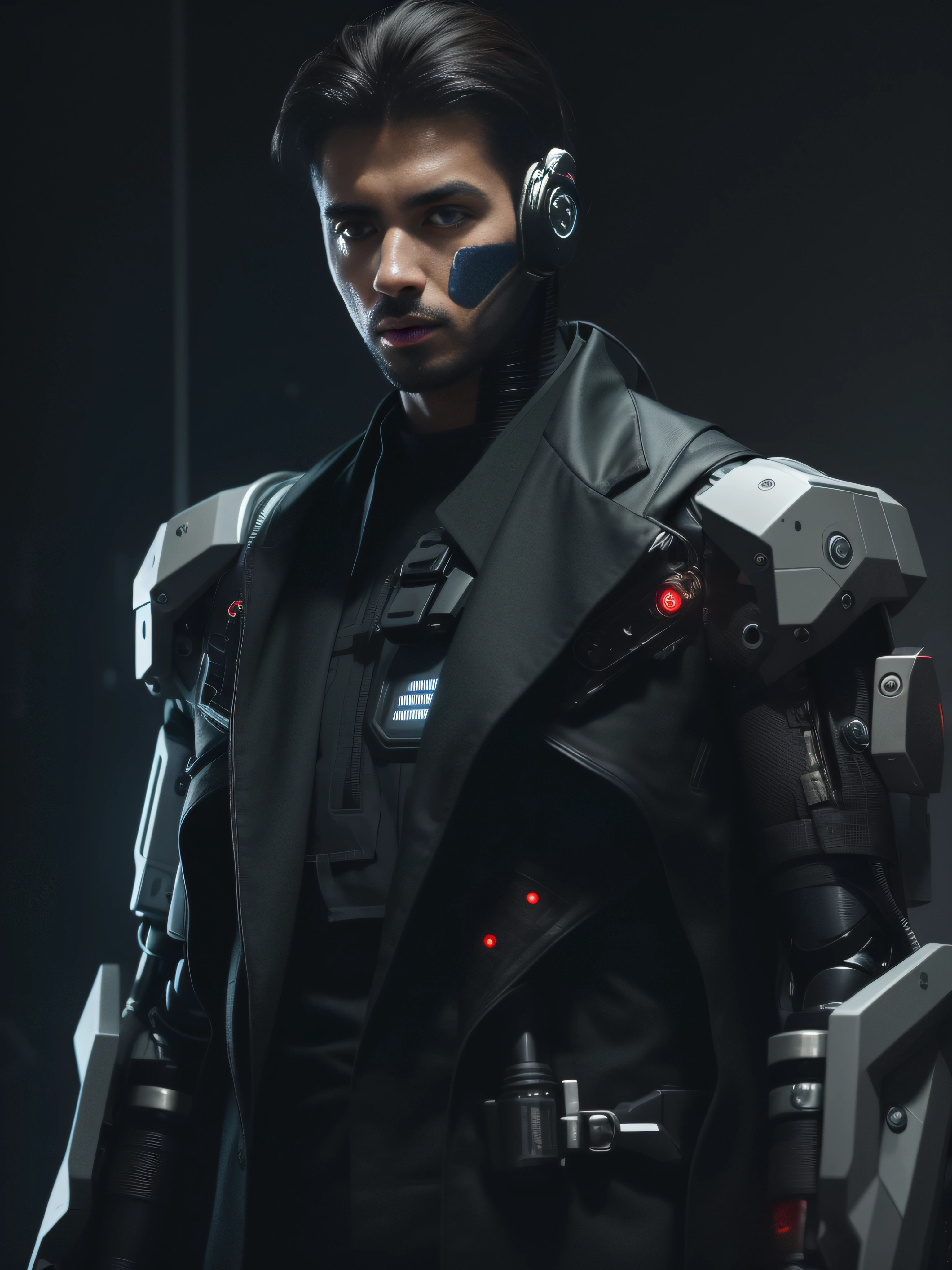 There is one arabic man wearing a suit，Man wearing a helmet with a gun, dystopian sci-fi character, cyberpunk cyborg, detailed humanoid, portrait of a futuristic robot, humanoid character, cyberpunk suit, cyberpunk character, sci - fi character, bionic scifi alexandre ferra, portrait of a cyborg, 3 D rendering character art 8 K, portrait of a cyberpunk cyborg
