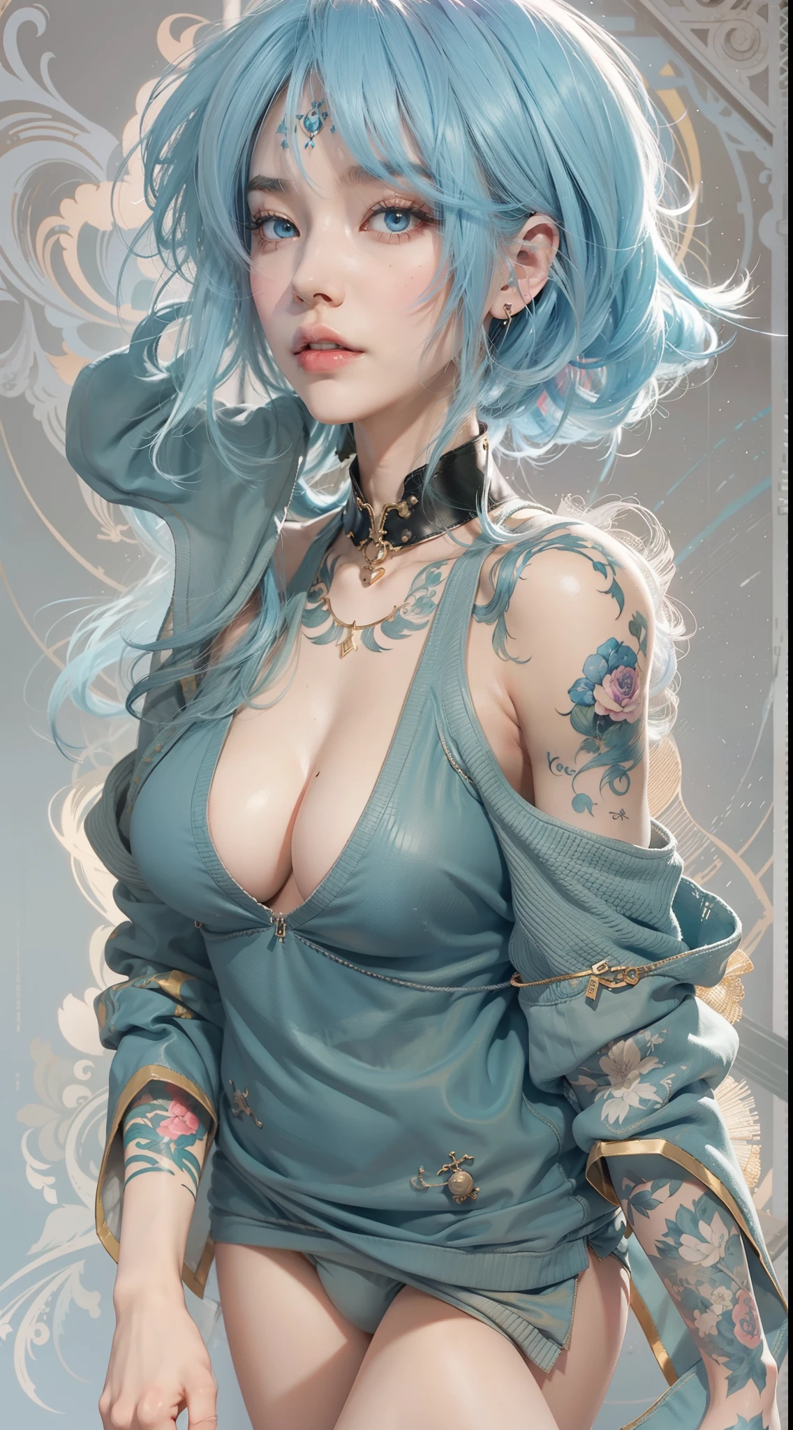 Ultra HD 2D art,close-up all over the body(1 extremely tall, slender and sexy woman),Extremely tall,plumw,Has oversized big breasts,Abs,Exaggerated huge buttocks,Super long big thick legs,Short stud leather coat,Ultra shorts,Wear a pair of rivet shoes,lightblue hair,2D animation style,Soft and delicate depiction,full body shot shot,Also pay attention to her full-body tattoos(Full-body art),Landscape mode,A masterpiece by Guweiz and James Jean,CGSCOSITY's tattoo expert designs, etc。A beautiful blue-haired girl,It has become a hot topic on the Japanese trend art station。
