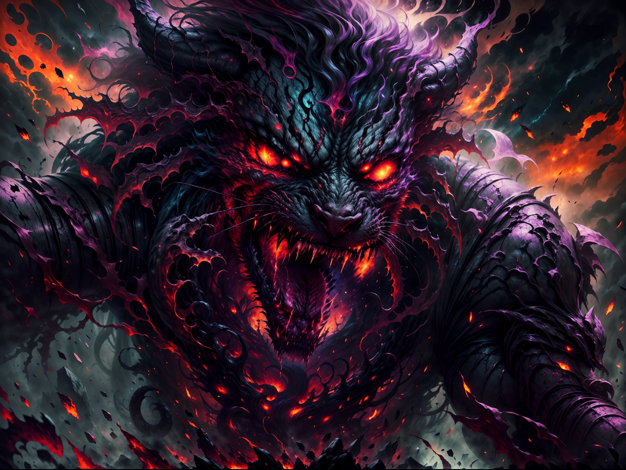 (best quality,ultra-detailed,realistic),lion,black hair,red eyes,wings,very monstrous,horror,dark lighting,menacing pose,sharp teeth,high contrast color,ominous atmosphere,dripping blood,monster-like appearance,incredible detail,striking presence,dark and eerie ambiance,vivid red tones,ferocious beast,otherworldly creature,hulking body,shadowy silhouette,powerful presence,nightmarish visage,demonic entity,terrifying gaze,intimidating aura,deathly roar,terrifyingly beautiful