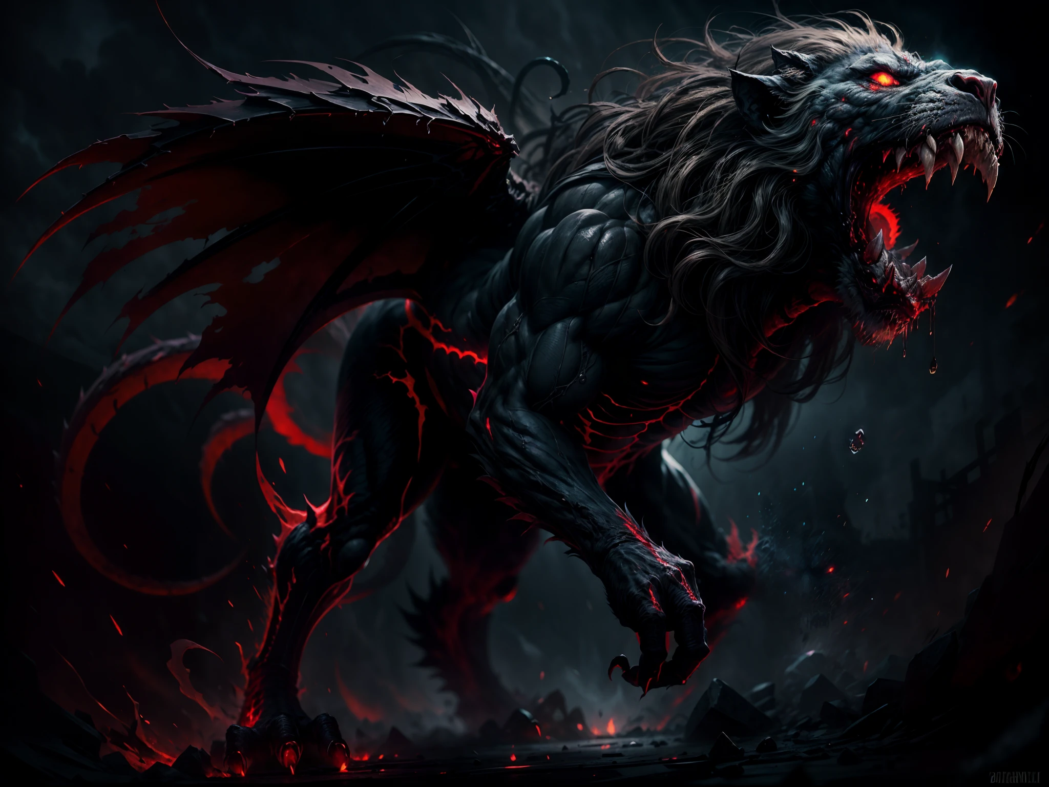 (best quality,ultra-detailed,realistic),lion,black hair,red eyes,wings,very monstrous,horror,dark lighting,menacing pose,sharp teeth,high contrast color,ominous atmosphere,dripping blood,monster-like appearance,incredible detail,striking presence,dark and eerie ambiance,vivid red tones,ferocious beast,otherworldly creature,hulking body,shadowy silhouette,powerful presence,nightmarish visage,demonic entity,terrifying gaze,intimidating aura,deathly roar,terrifyingly beautiful