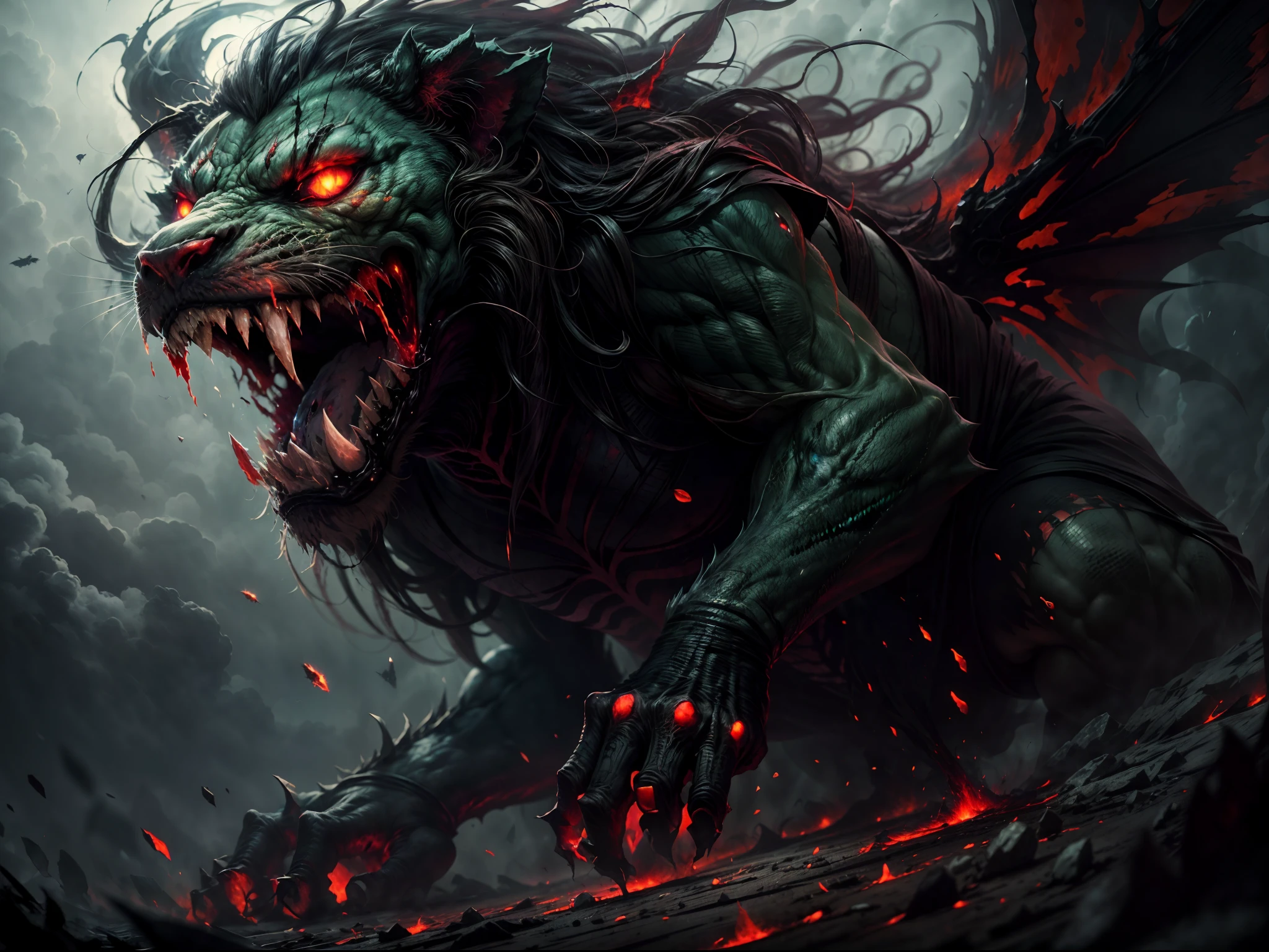 (best quality,ultra-detailed,realistic),lion,black hair,red eyes,wings,very monstrous,horror,dark lighting,menacing pose,sharp teeth,high contrast color,ominous atmosphere,dripping blood,monster-like appearance,incredible detail,striking presence,dark and eerie ambiance,vivid red tones,ferocious beast,otherworldly creature,hulking body,shadowy silhouette,powerful presence,nightmarish visage,demonic entity,terrifying gaze,intimidating aura,deathly roar,terrifyingly beautiful