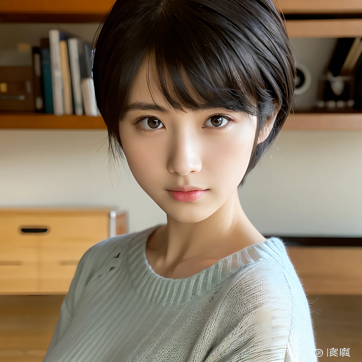 masutepiece, Best Quality,1girl in,symbol-shaped pupils,darkened room、very large breast、top-quality、hight resolution、８Ｋ、High neck knit、Clear body lines、Whole body、Very cute woman:1.2、Short-cut hair、Pure black hair color、Raw photo、Very realistic、Department of Landmines