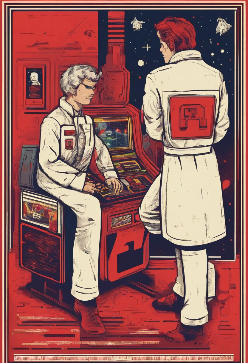 Scientists in science coats turn their backs to us,looking at the stars,hard core,Technologie,Red monochrome,USSR Poster,urss,Communism