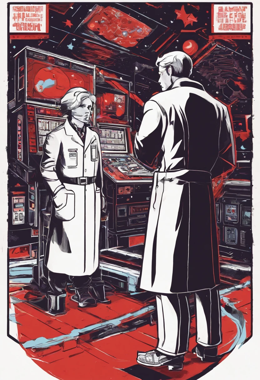 Scientists in science coats turn their backs to us,looking at the stars,hard core,Technologie,Red monochrome,USSR Poster,urss,Communism