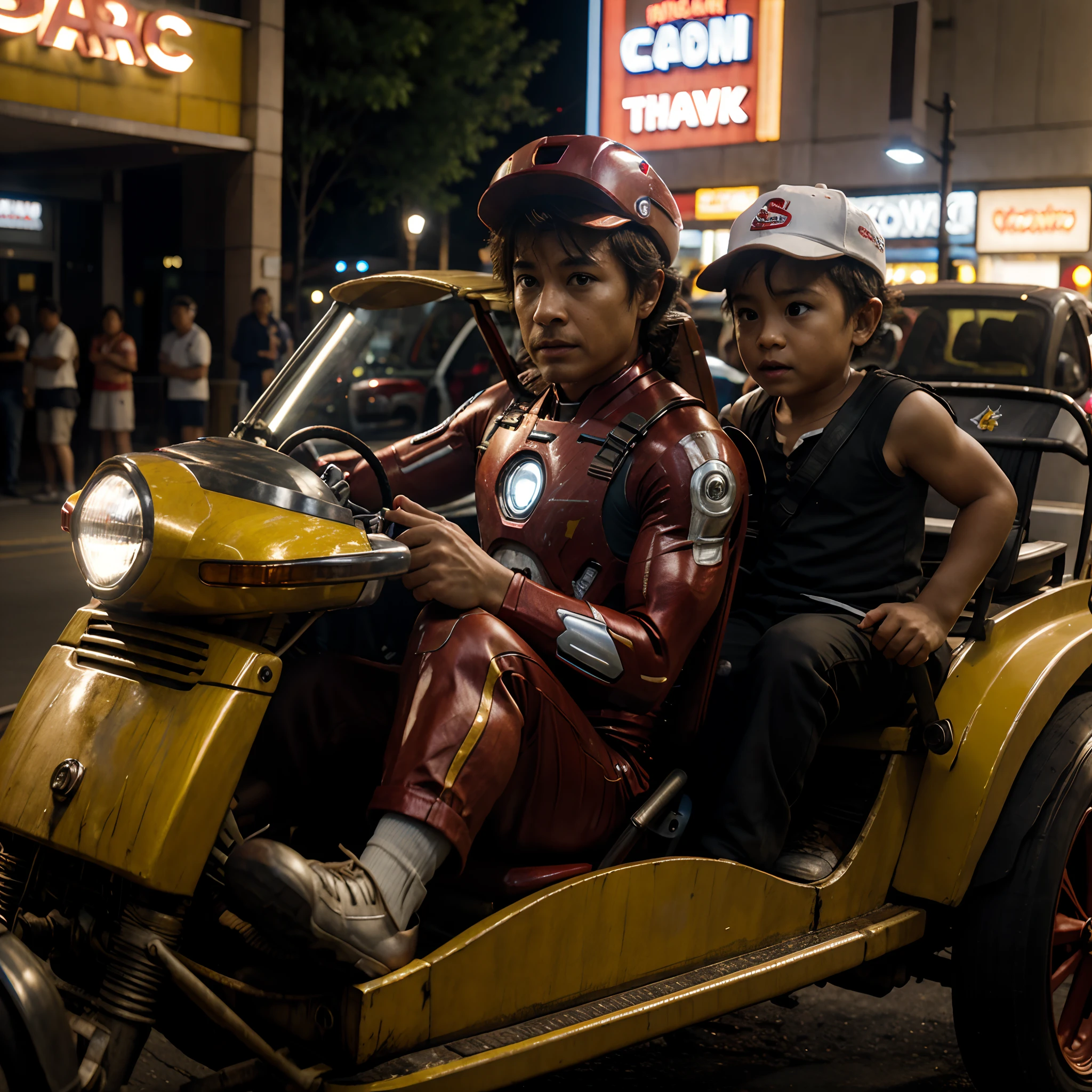 Ironman, driving a trishaw, from the front, carrying children, ultra detail face, cinematic lighting,8k