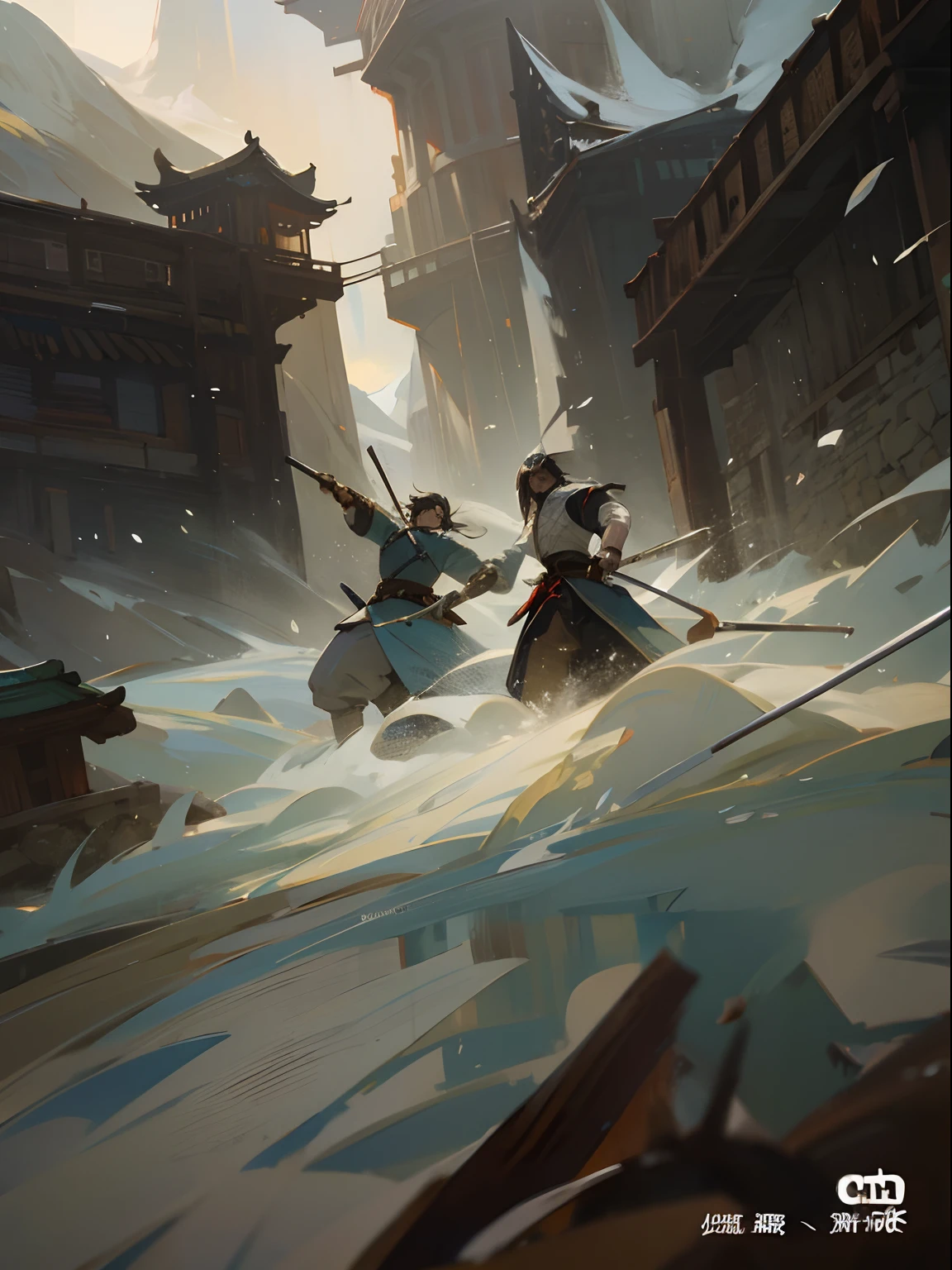 There is a gazebo at the top of the mountain,At the foot of the mountain there are two swordsmen dueling,The swordsman wears period costume,Illustration style,Animated characters