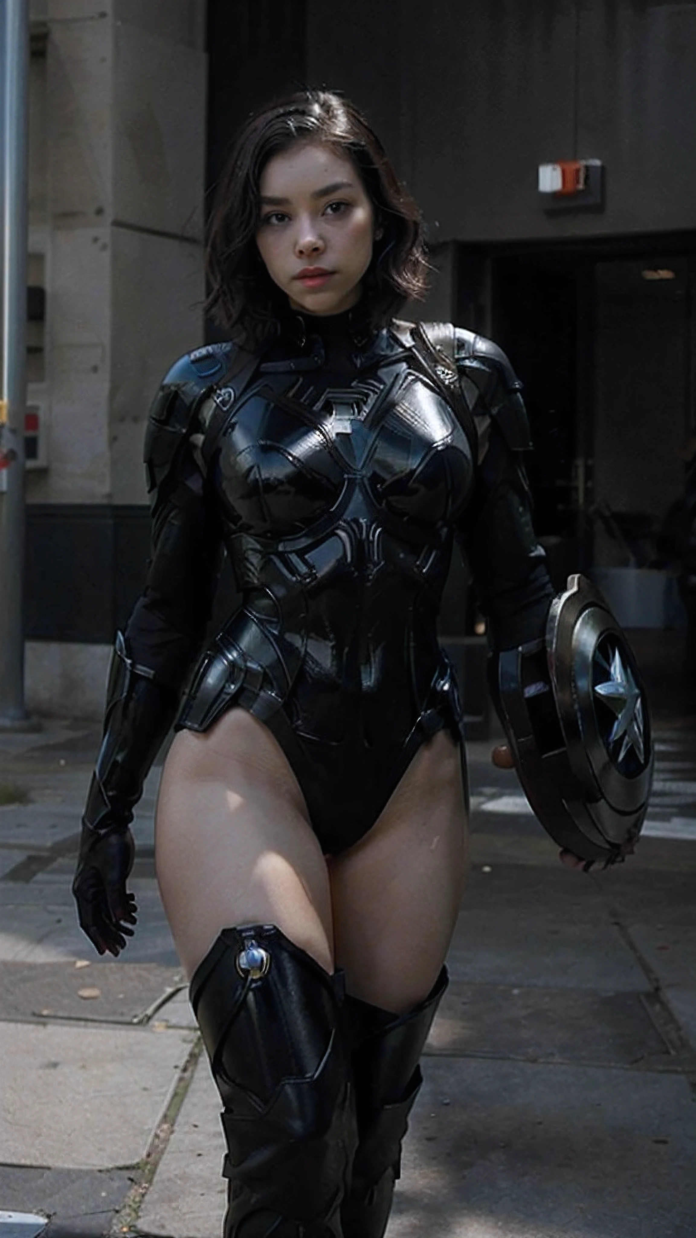 Beautiful woman short hair defined body big breasts, big thighs wearing a black panther suit (avengers) cosplay, holding shield,