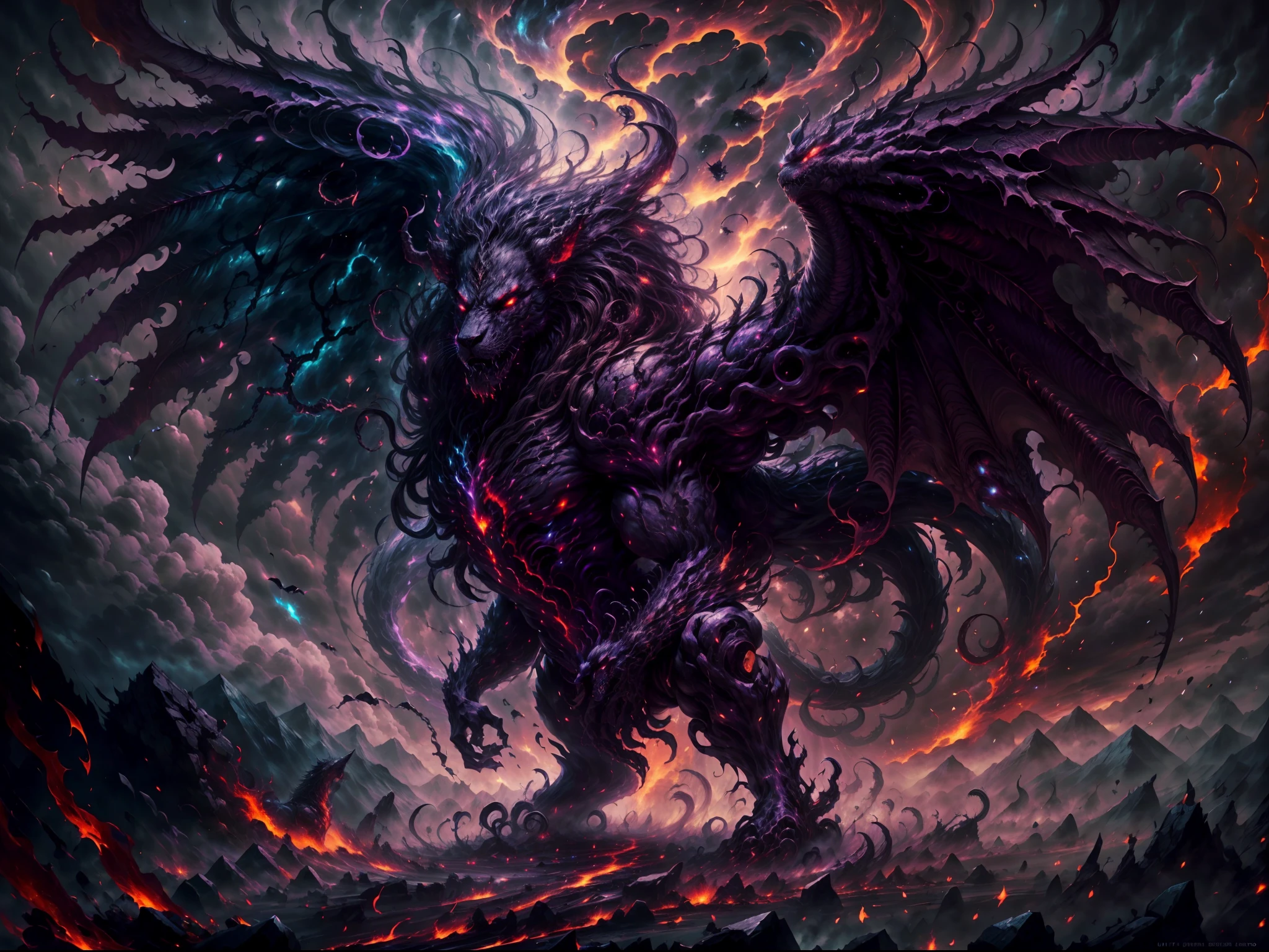 (best quality,ultra-detailed,realistic:1.37),lion,black hair,red eyes,wings,very monstrous,dark atmosphere,shadowy figure,majestic presence,ferocious expression,glistening fangs,fierce gaze,powerful creature,massive wingspan,intense gaze,classical oil painting style,dramatic lighting,vivid colors,sinister aura,detail-oriented depiction,ominous presence,strong contrast,unearthly creature,mythical beast,creepy ambiance,hauntingly beautiful,nighttime setting,ominous clouds,dominant presence,extraordinary menace,intimidating presence,mystical creature,commanding posture,demonic features,angelic wings,dark and mysterious,mythical proportions,powerful silhouette,striking composition,fierce and majestic,strong and stoic,otherworldly beauty,a masterpiece capturing power and grace