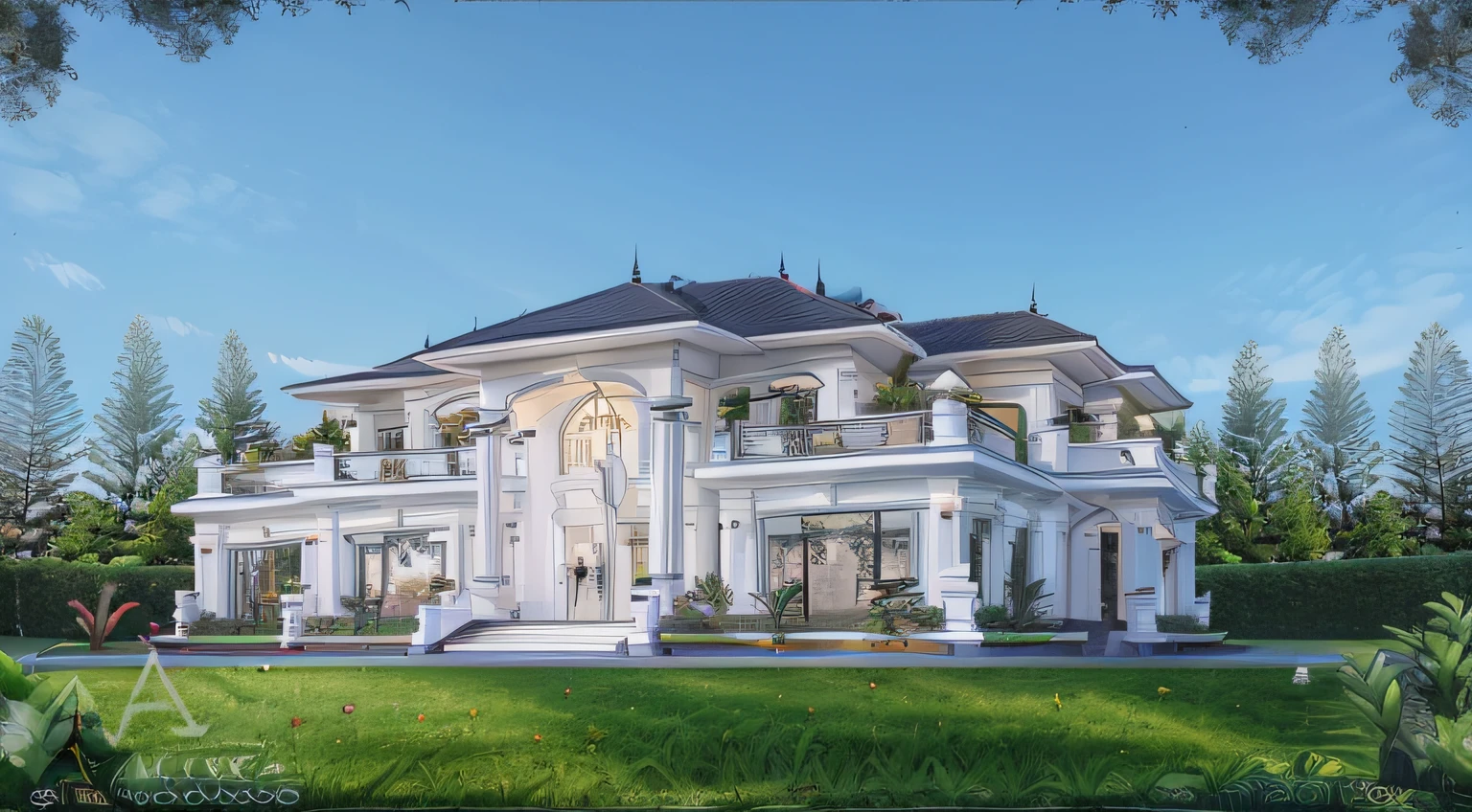 RAW photo,Masterpiece, high quality, best quality, authentic, super detail, exterior, one villa style Neoclassic, (Modern minimalist lines:1.2),(white wall:1.1), railing glass, glass windows,trees, grass, ((sunset)), sky, vivid colour, (high detailed :1.2), 8k uhd, dslr, soft lighting, high quality, film grain, Fujifilm XT3