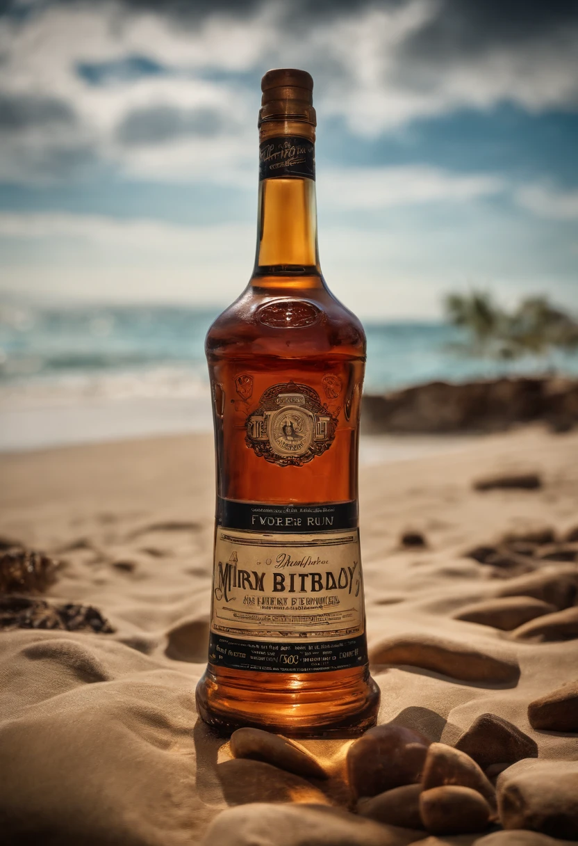 Text "Happy Birthday Mirko", im Vordergrund Glas ein Cuba Libre und eine Flasche Rum mit dem Text "RUM", high detail, 1080P, super detail