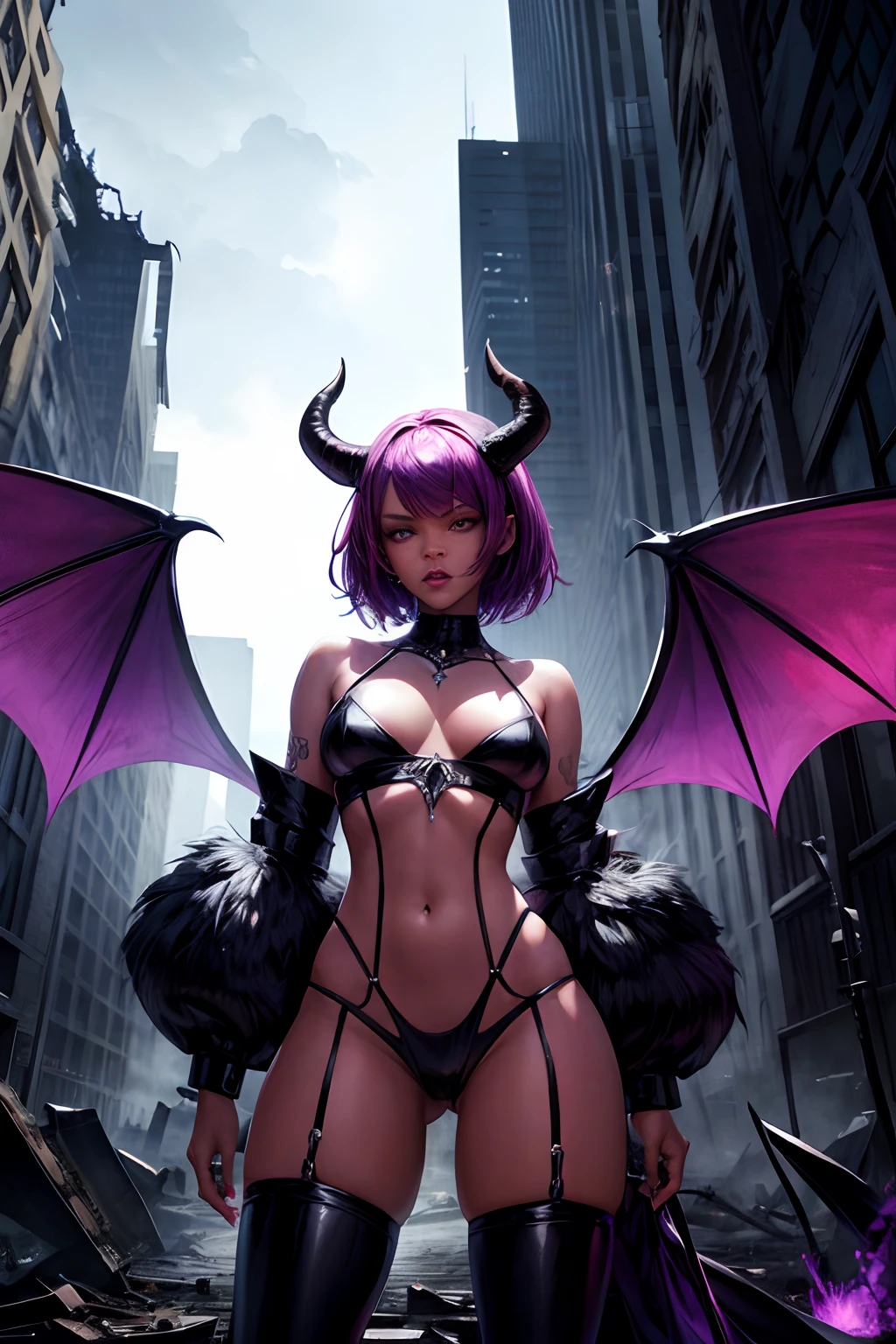 Rihanna as a hyper-giant, Hyper-powerful demon with two demon horns on his head and demon wings, Purple lightning fire on a building and shatters buildings , ville en ruine post apocalyptique,