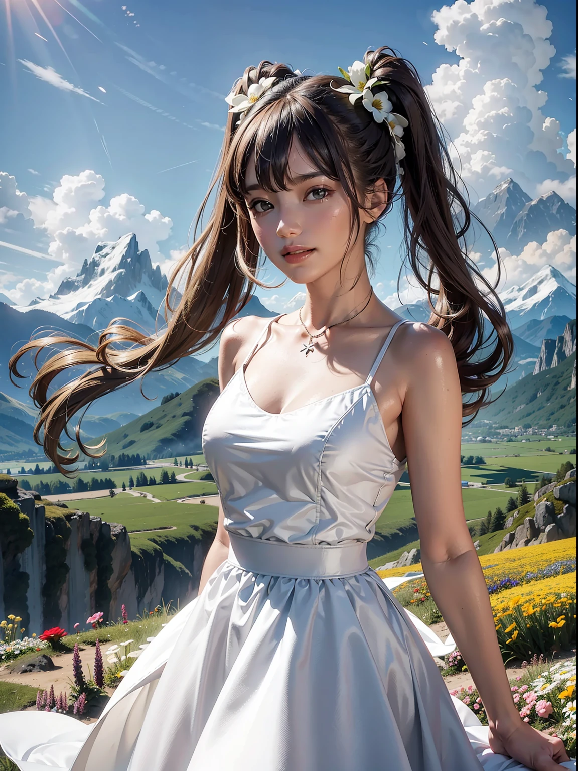 1girll,twintails，dynamic angle，pianos，Clouds and mountains，（flower  field：1.4）In the foreground，white dresses，Light tracing，（Floating colorful wind：1）
（realisticlying：1.4），offcial art，Unity 8k壁纸，ultra - detailed，Beautiful and beautiful，tmasterpiece，best qualityer，Glowing skin，cinmatic lighting，Light smile