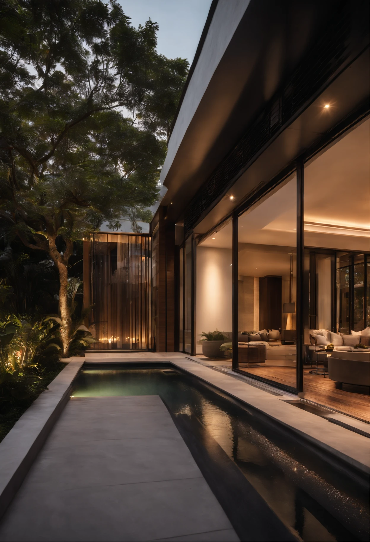 RAW photo,8k uhd,  high quality, Fujifilm XT3,
 outdoor, (residential architecture exterior:1.3), 1 house architecture, (elegant), Singapore tropical modern house style, 
white wall and glass and stone and black steel and wood, (Luxurious house with delicate finish:1.3), (wood), Beautiful tropical garden, warm golden light in interior,
sky dark night, (high detail:1.2), (Evening environment with warm interior lighting),