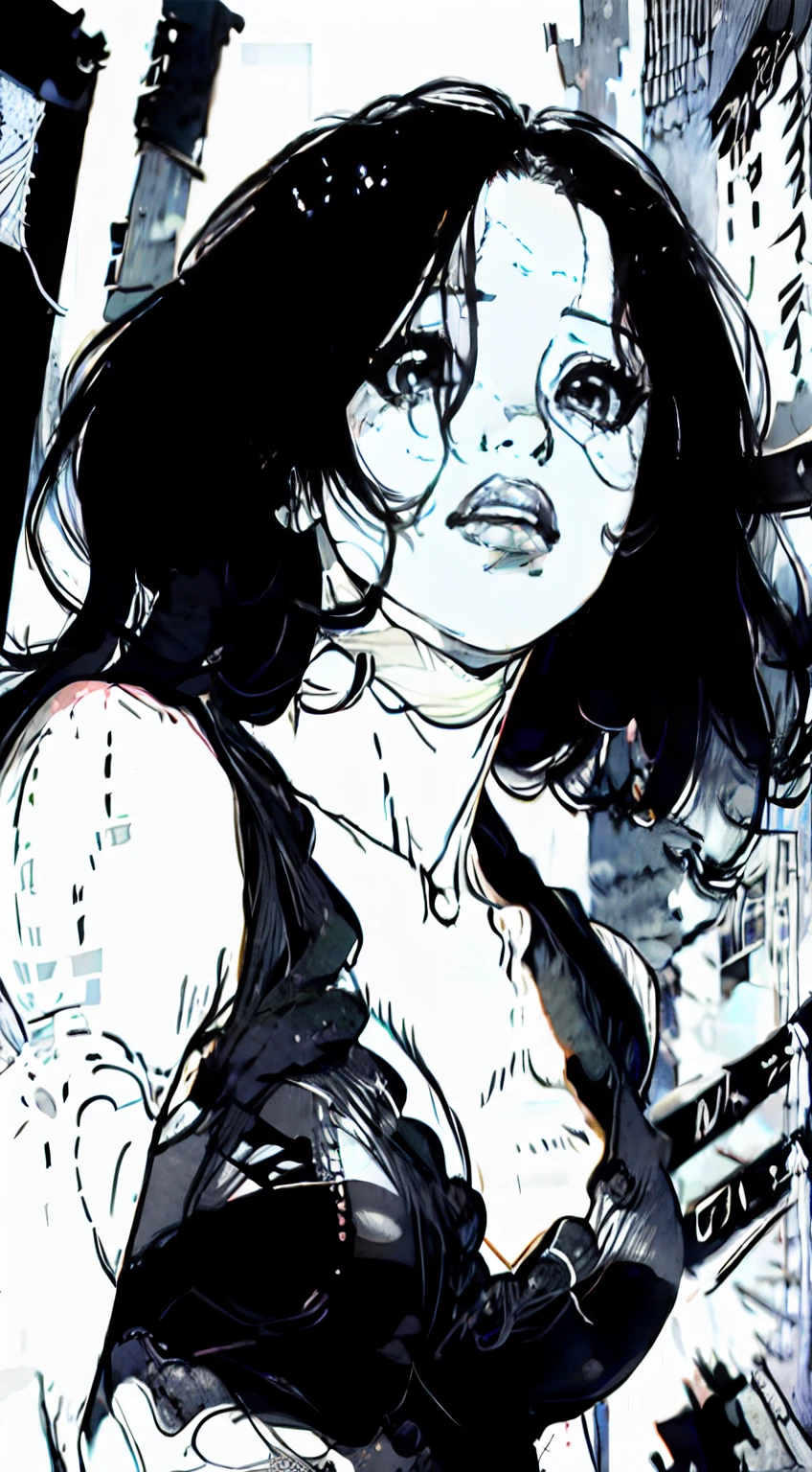 pamela anderson as wiafu, blank background, expressionless, chest shot, close-up of upper body, rough expressive lines, expressive lines, dark lines, dense lines, intense line work, masterpiece, best quality, super fine, extremely delicate and beautiful, manga, black and white manga, black and white line drawing, inspired by Junji Ito, art style of Junji Ito, hand-drawn, character focus, extremely fine, by Kim Jung gi