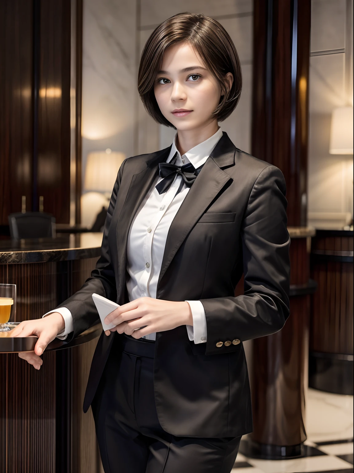 47
(An 18-year-old woman), (A hyper-realistic), (Masterpiece), Short Bob Cut, Concierge at the hotel reception