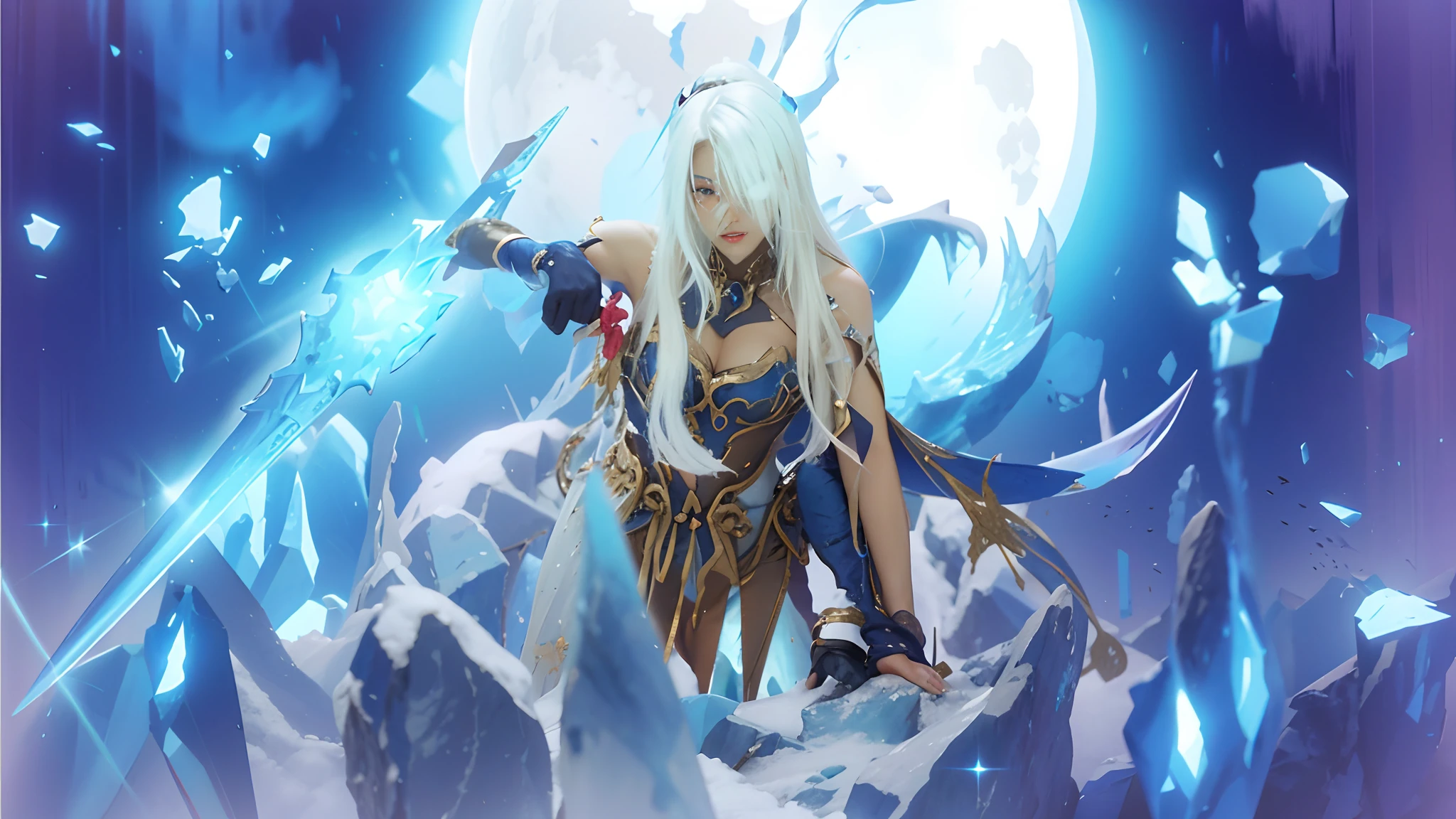(Jingliu honkai Star rail)),((realistic, photorealistic)),(Steel mask )), Light reflection, (( Blooming white hair )), navel, detached sleeves,((upper body)), (((best quality, masterpiece))), Looking for viewers, Burning ice, blue gradient, ice element, Standing on a  ice rock, ice debris, blue aura,The moon is covered in clouds, Glowing ice sword, ice land broke,,Blue element, ice smoke, Snow shards,Standing on ice