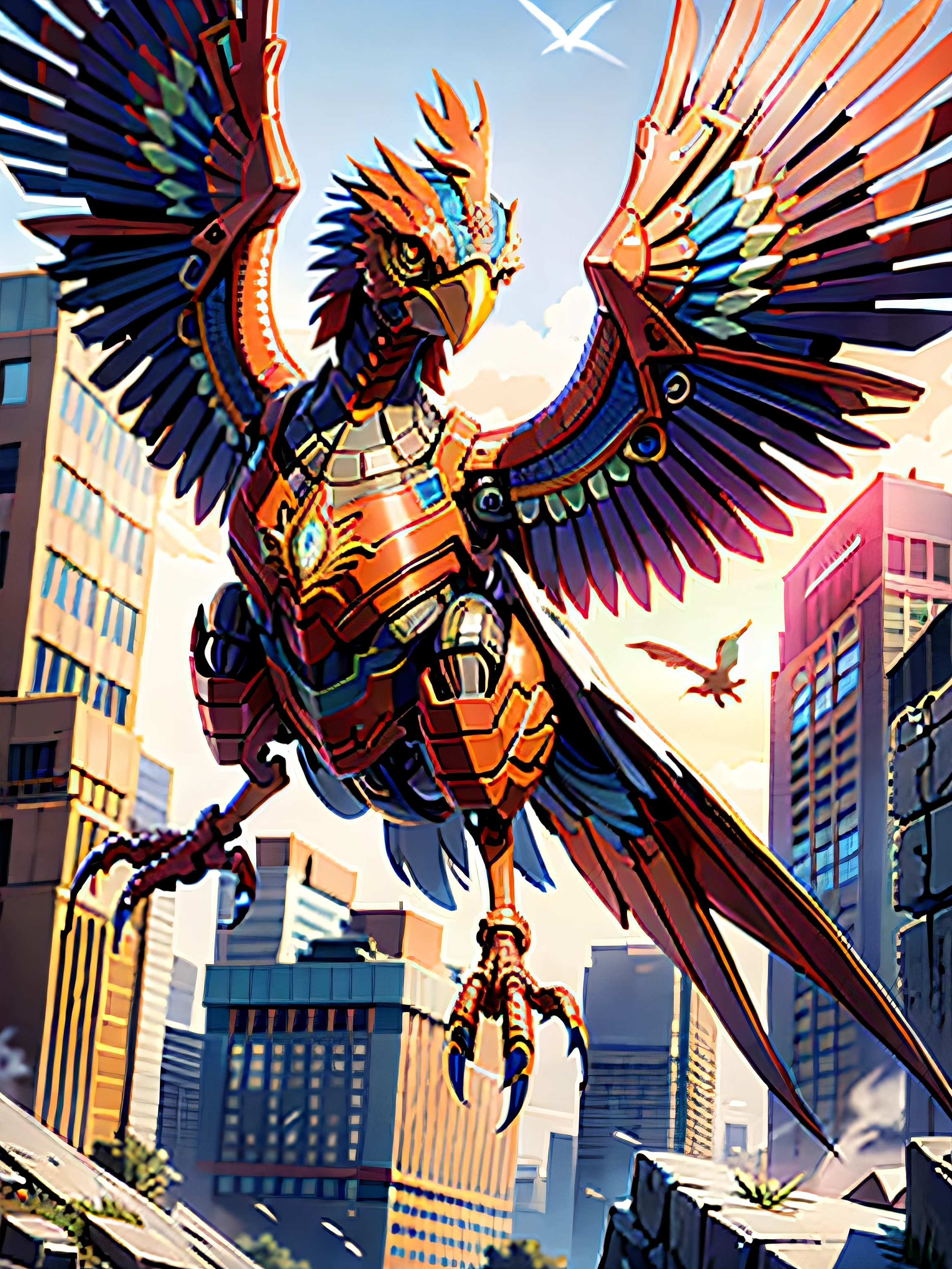 ((Masterpiece)), ((Best quality)), 8K, high detal, Ultra-detailed, Mechanical Phoenix Bird, (The shape of a bird,:1.6),Red, in white and blue, Wings, feater, Metallic texture, Doomsday hell style, mechanicalparts, High-tech, beak, Angry and vindictive eyes,intricately details, Flying pose, Dynamic composition,Doomsday ruins style,Faraway view,city ruins background